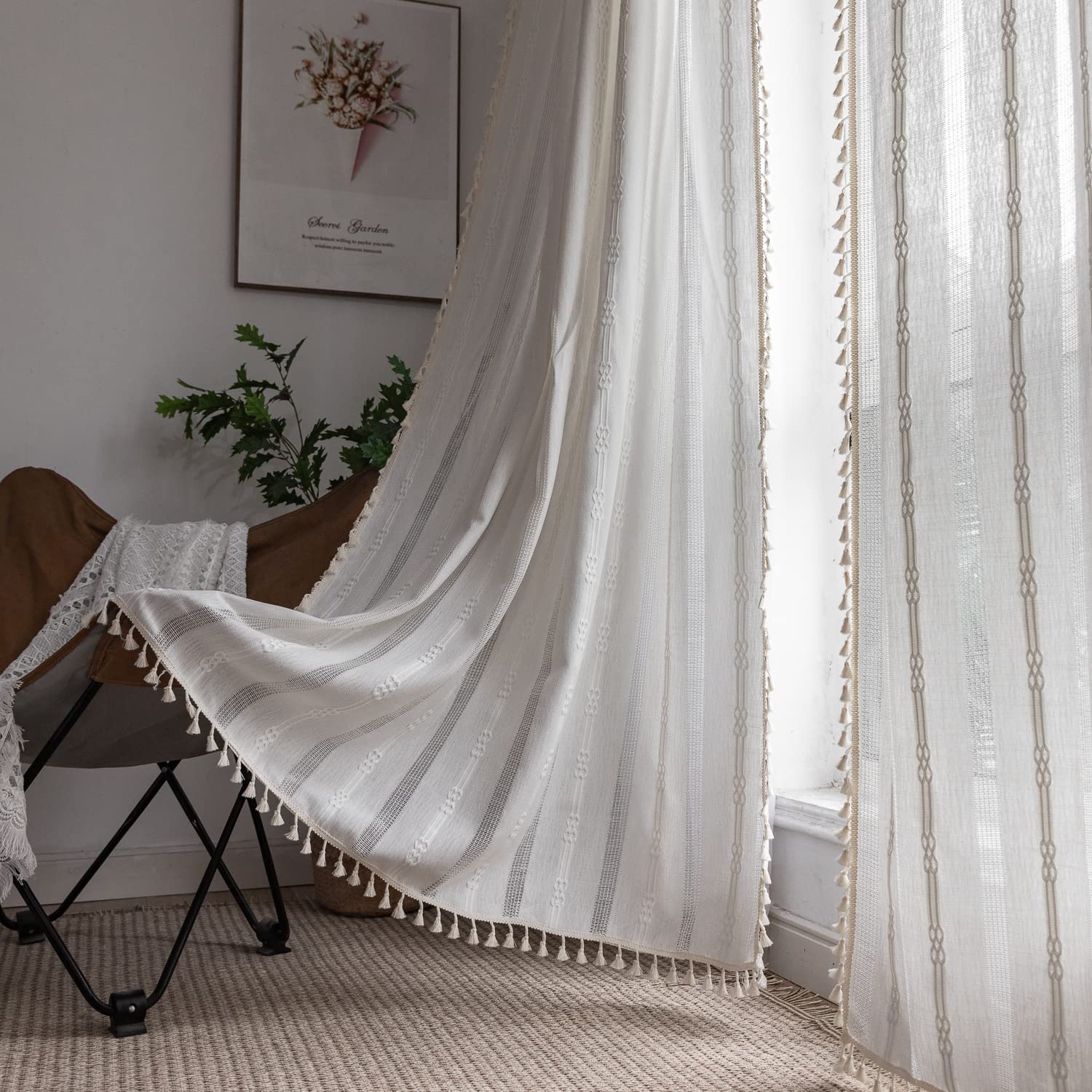 Linen Curtains 84 Inches Long - Embroidery Striped Farmhouse for Living Room, Tassel Boho for Bedroom, Light Filtering 2 Panels Set Rod Pocket Drapes (52" W x 84" L, Khaki)