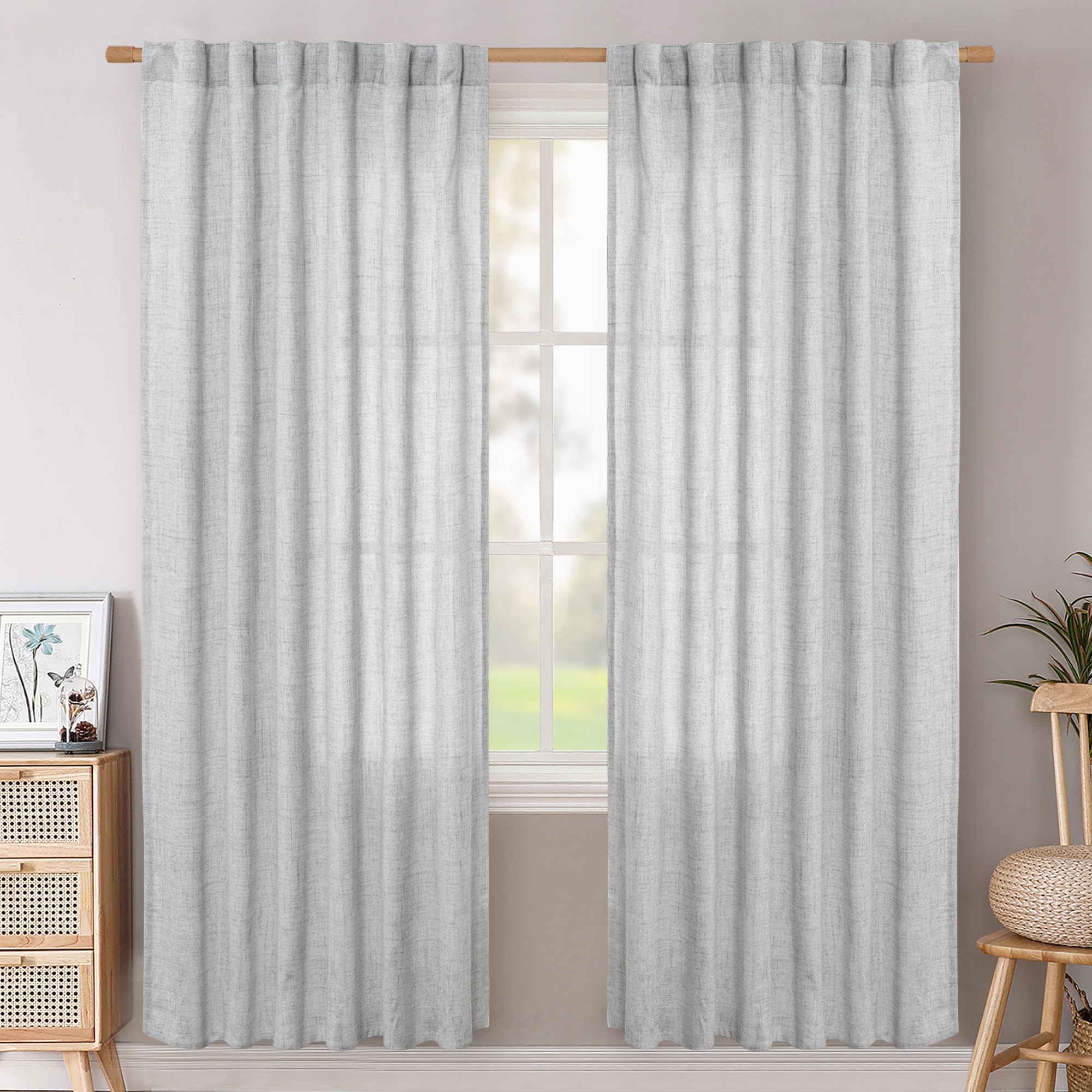BGment Natural Linen Semi Sheer Curtains 96 Inch Length 2 Panels for Living Room, Beige Light Filtering Window Drapes with Rod Pocket Back Tab Extre Long for Dining Bedroom, 52 X 96 Inch