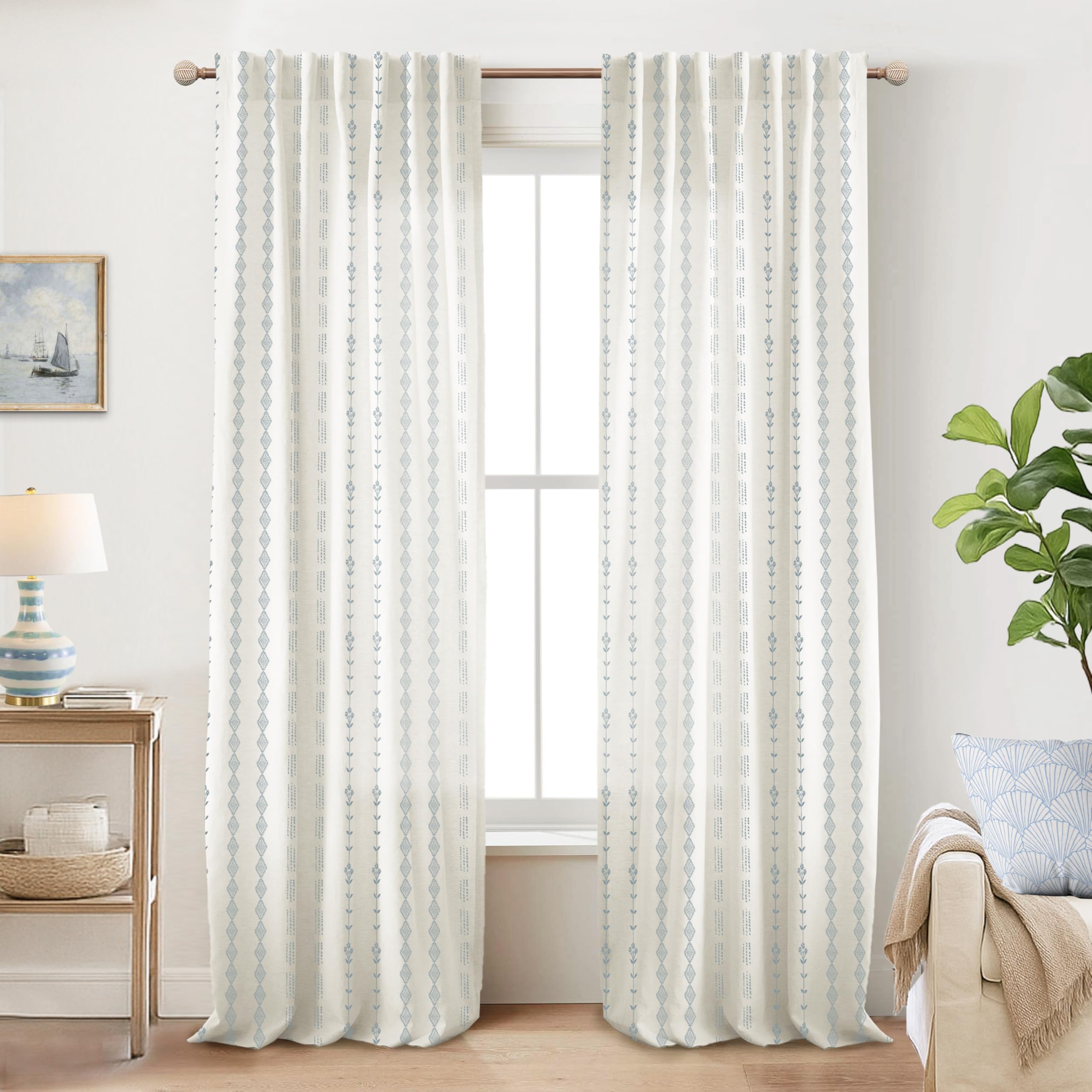 Linen Farmhouse Curtains for Living Room, Neutral Taupe Cream Light Filtering Boho Sheer Floral Patterned Curtains for Dining Room Bedroom 84 Inch Length 2 Panels Set