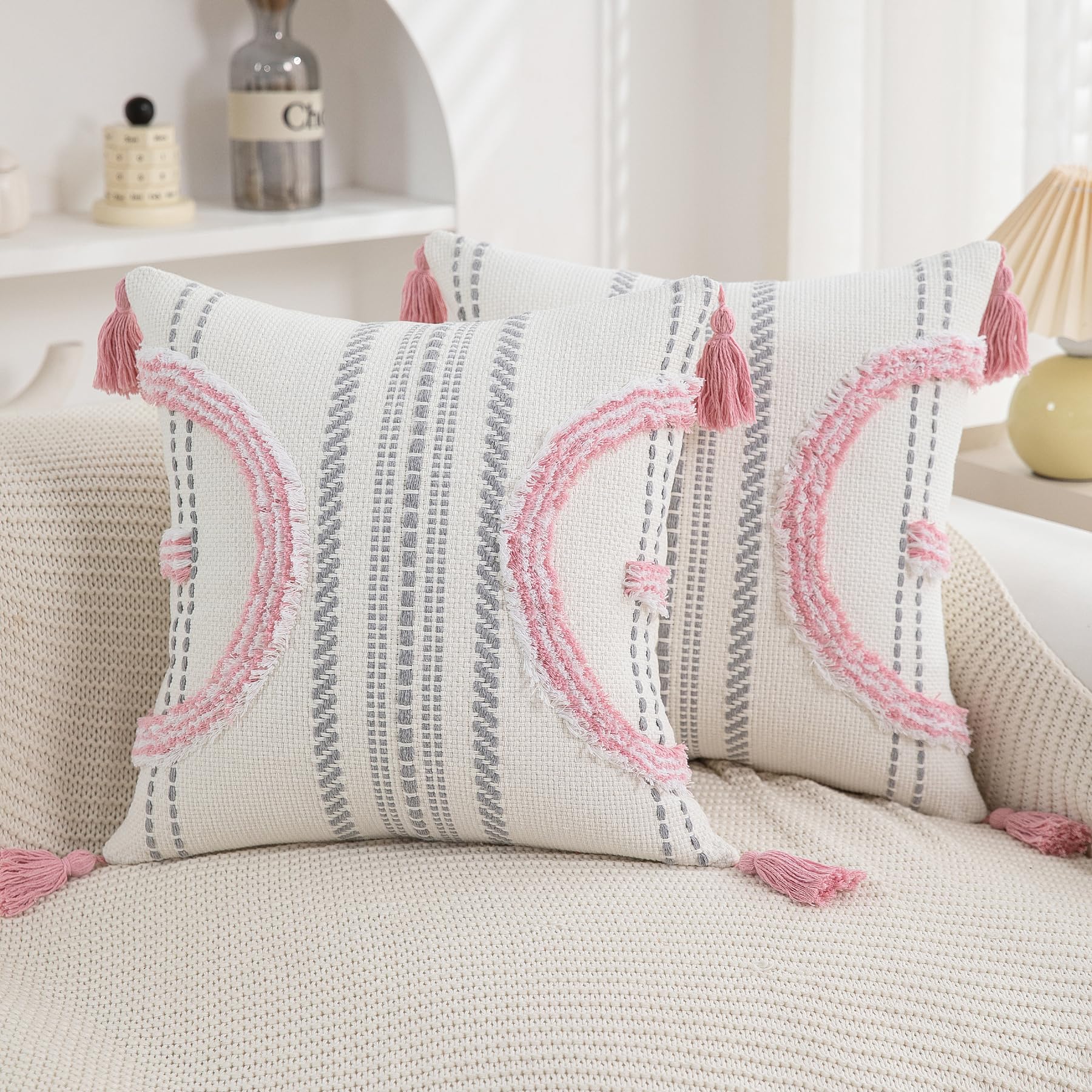 Boho Throw Pillow Covers 18x18 Set of 2 Cotton Woven Tufted Farmhouse Pillows Covers with Tassels Outdoor Neutral Navy Decorative Pillowcases Square Textured Accent Cushion Cases for Couch Bed Sofa