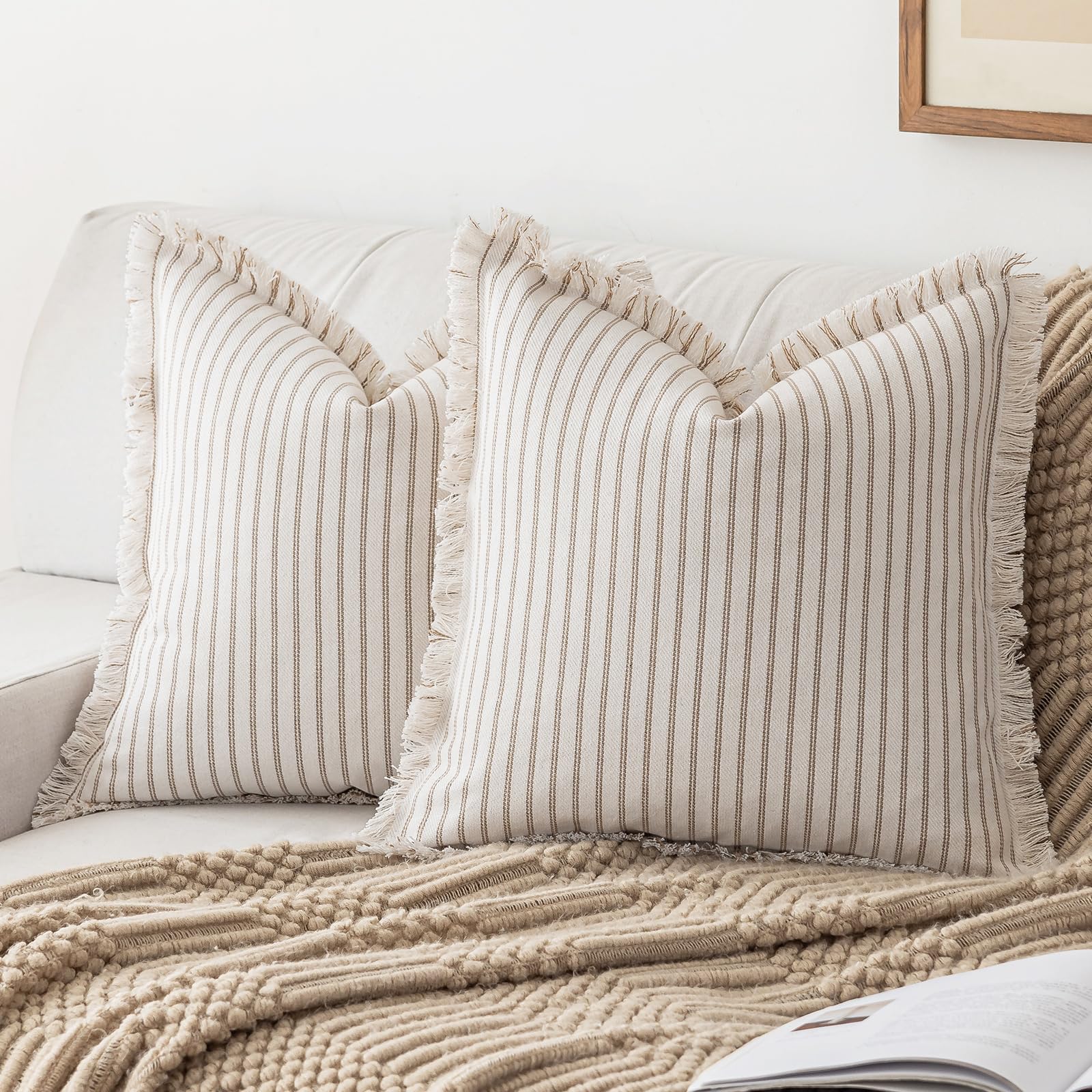 YEENAASY Throw Pillow Covers 22x22 Set of 2 Striped Fringe Pillow Cover Farmhouse Cushion Covers with Tassel Neutral Boho Pillows Decorative Square Pillowcase for Couch Sofa Bed, Blue