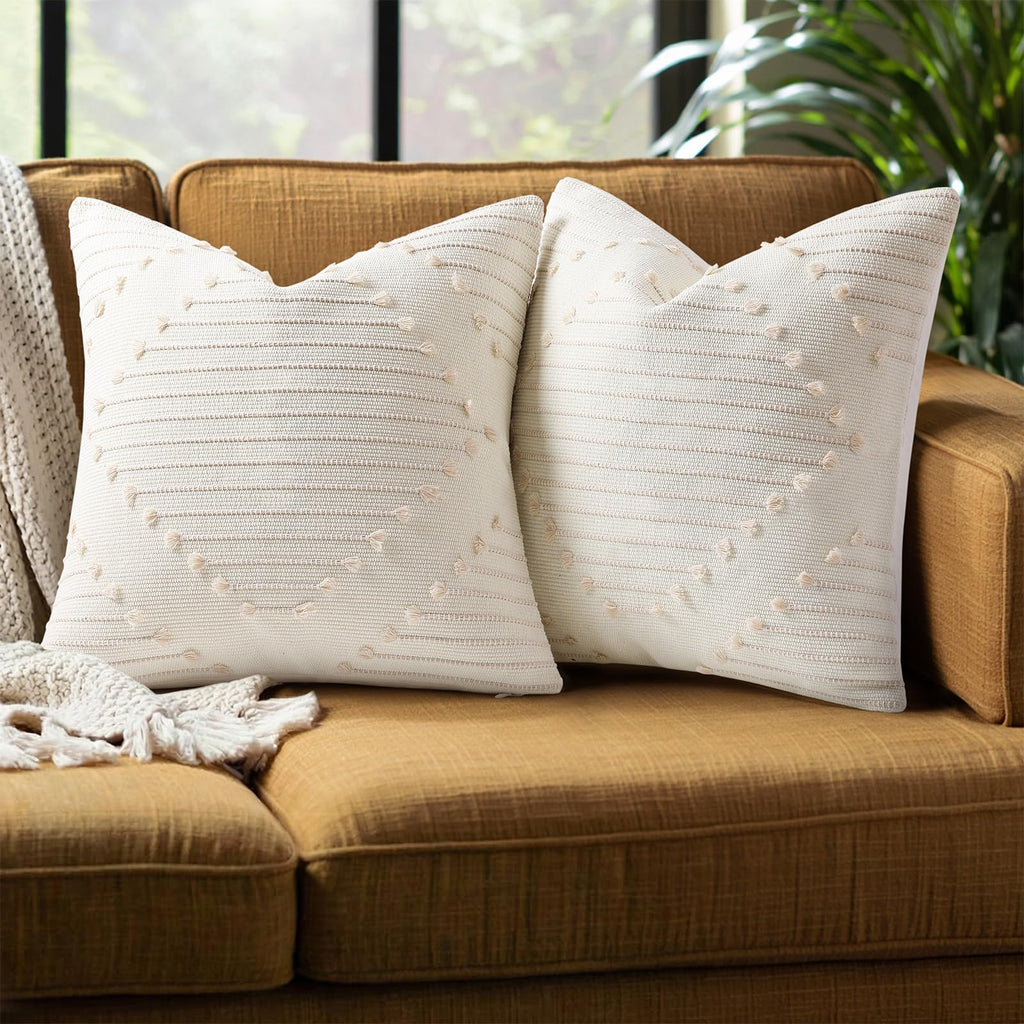 Mecatny Boho Summer Outdoor Throw Pillow Covers 18X18 Set of 2, Farmhouse Decorative Pillow Covers for Couch Sofa Living Room, Navy & Cream White
