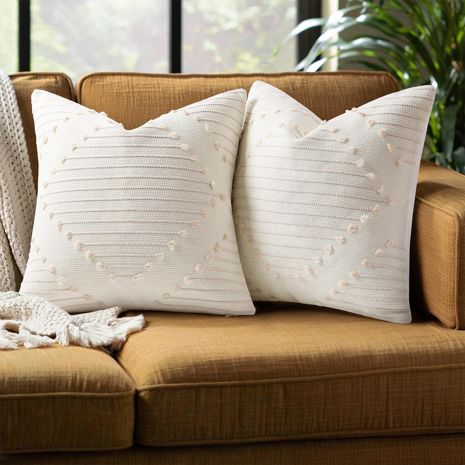 Mecatny Boho Summer Outdoor Throw Pillow Covers 18X18 Set of 2, Farmhouse Decorative Pillow Covers for Couch Sofa Living Room, Navy & Cream White