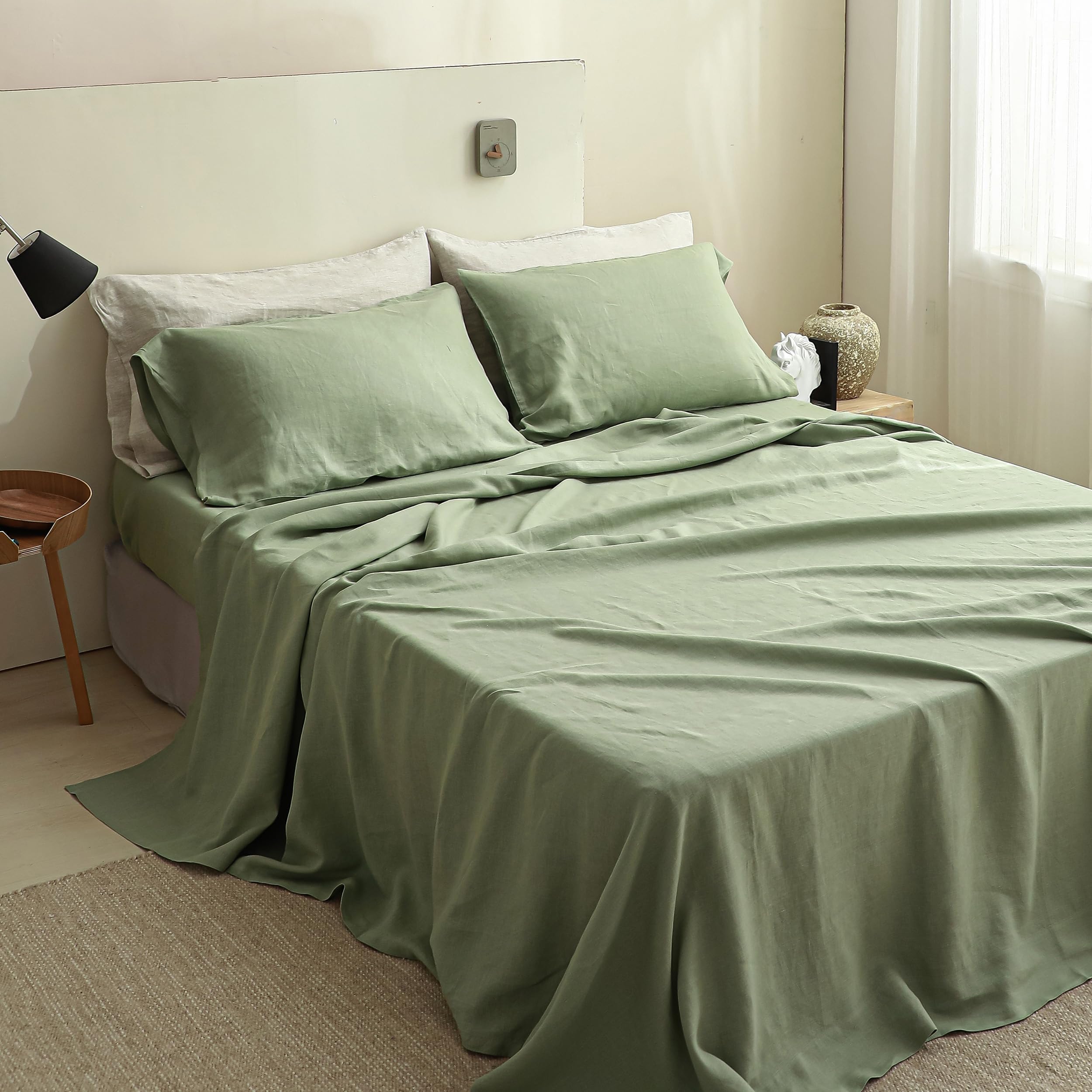 Simple&Opulence 100% Linen Sheets Queen Size Set, 4 Pcs Natural French Linen Bed Sheets, Breathable Soft Durable Bedding Set for All Season (Classic Blue, Queen)
