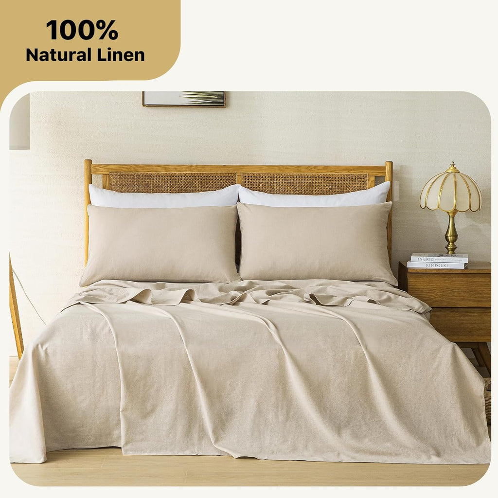 100% Linen Sheets Queen Size 4 Piece - Washed Natural Flax Bedding Set, Ultra Breathable Soft Durable Flat Sheet, Fitted Sheet Set with 16" Deep Pocket, All Season (Linen, King)