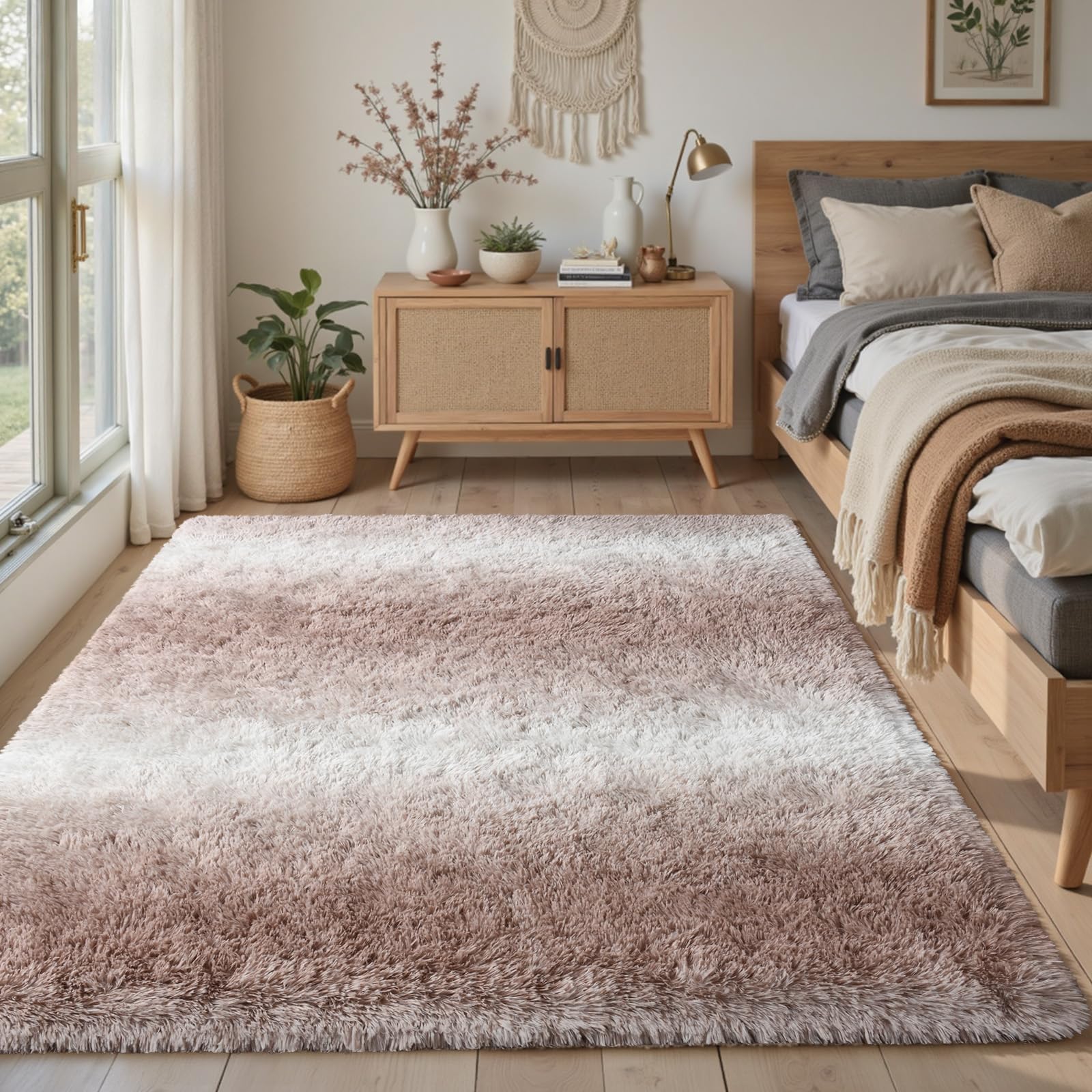 5×7ft Grey Fluffy Tie-Dyed Rug, Soft Shag Carpet for Home Decor
