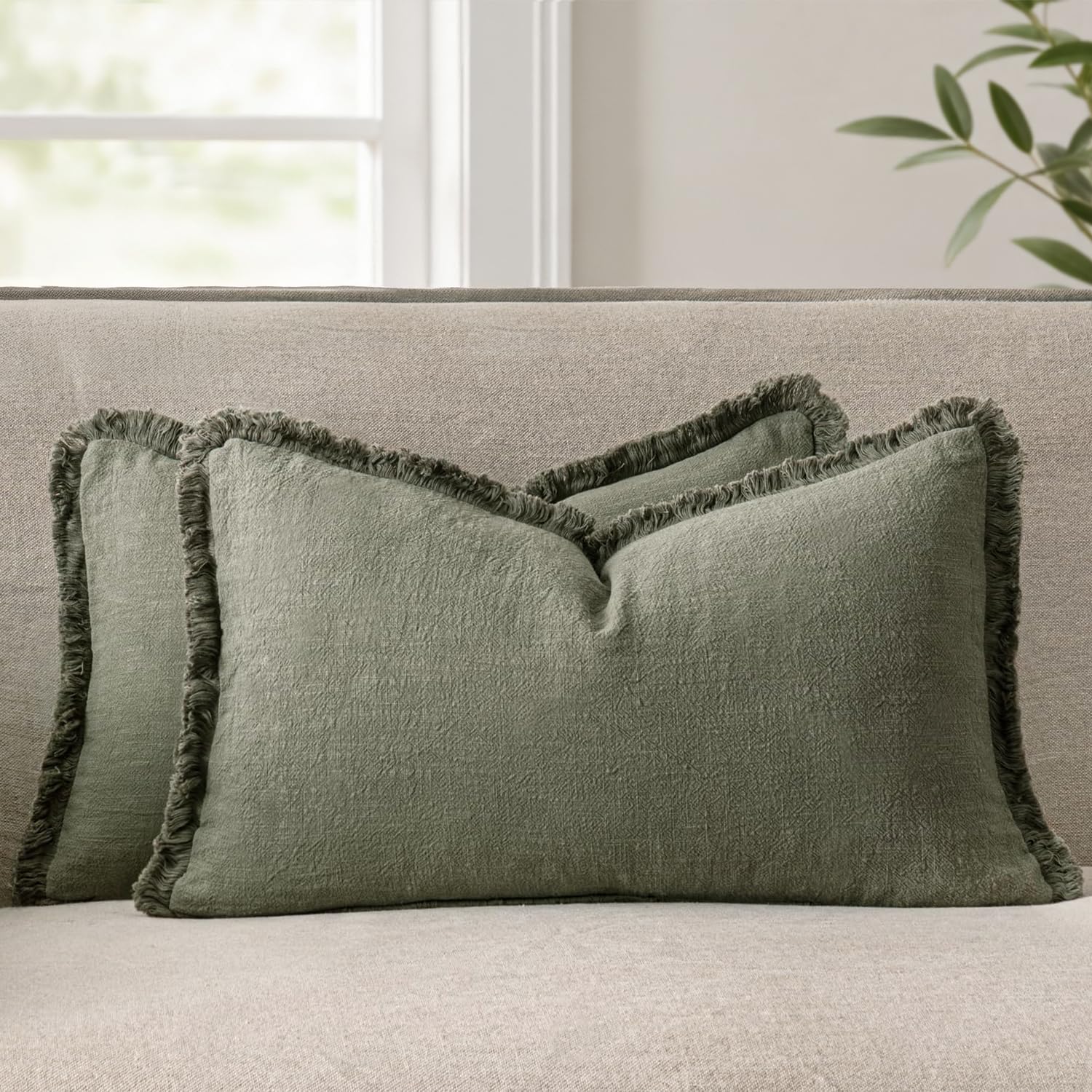 ANRODUO Set of 2 Decorative Throw Pillow Covers 26×26 Inch Soft Linen Fringe Farmhouse Boho Vintage Cushion Covers with Tassels Accent Pillowcase for Couch Sofa Bed Living Room Summer Decor Cream