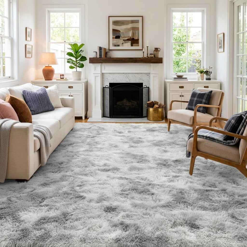 5×7ft Grey Fluffy Tie-Dyed Rug, Soft Shag Carpet for Home Decor