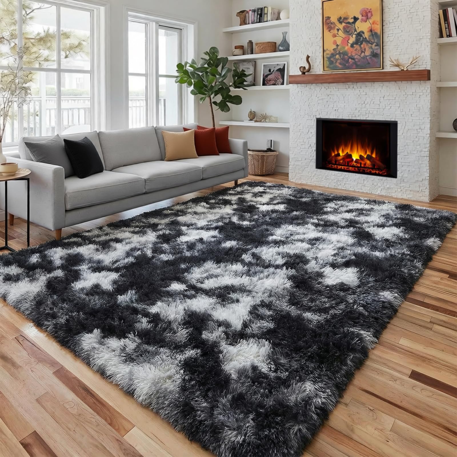 PAGISOFE Abstract Soft Shaggy Rugs for Living Room 5x8 Ft,Tie-Dyed Grey Fluffy Rugs for Kids Room Furry Carpets for Bedroom Room Decor Aesthetic Large Shag Carpet for Boys Girls Dorm Nursery