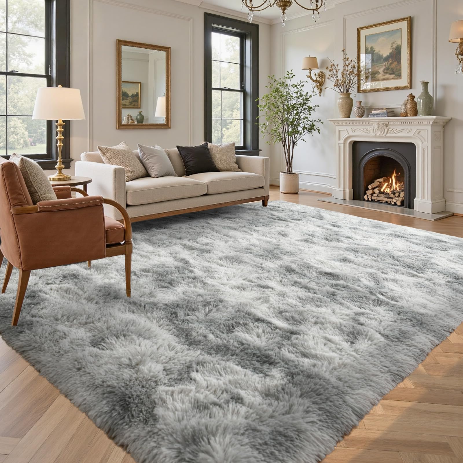 5×7ft Grey Fluffy Tie-Dyed Rug, Soft Shag Carpet for Home Decor