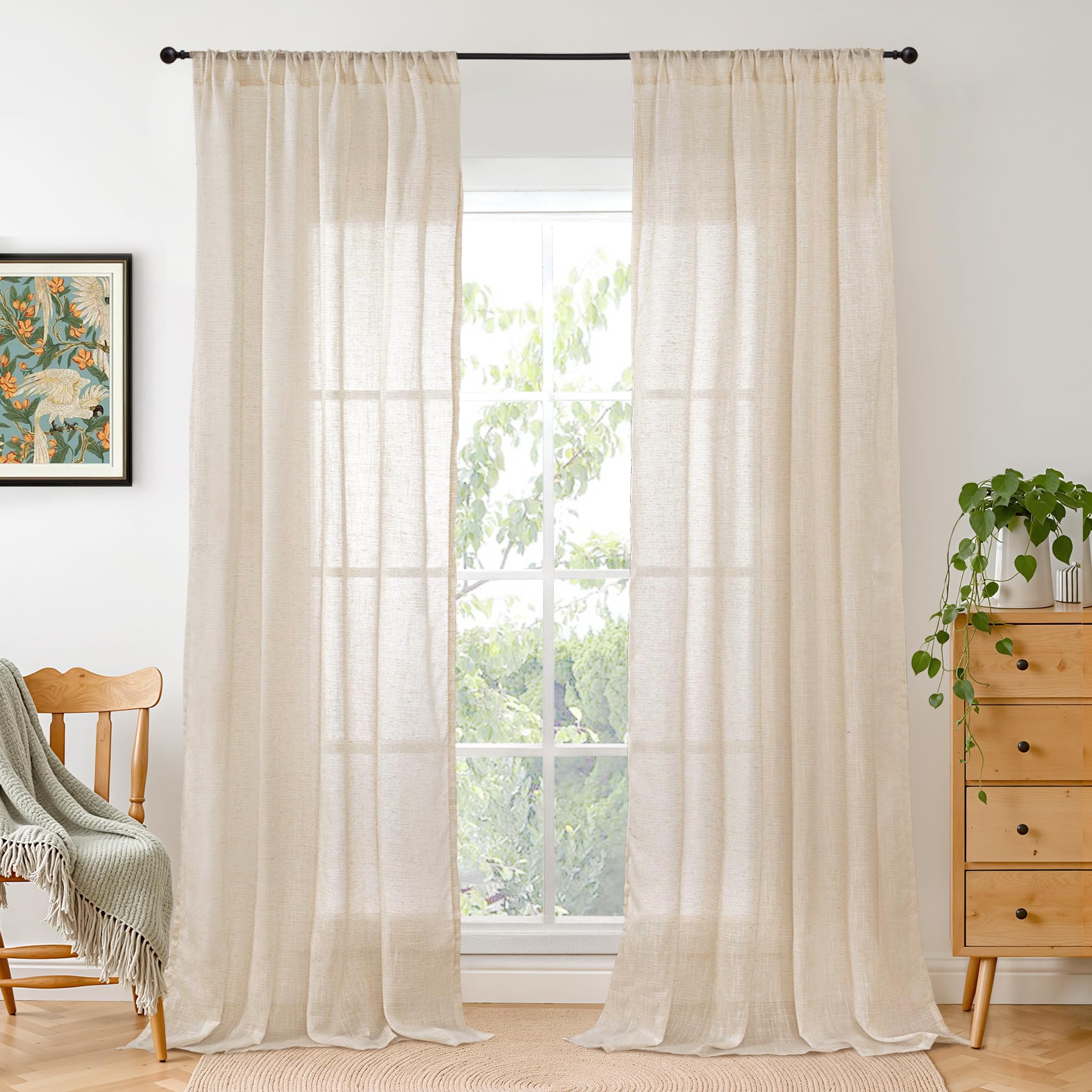 BGment 90 Inches Long Curtains Linen Semi Sheer, Light Filtering Window Treatments Drapes with Rod Pocket Lightweight for Living Room Bedroom, 2 Panels, 52 Inch Wide Each Panel