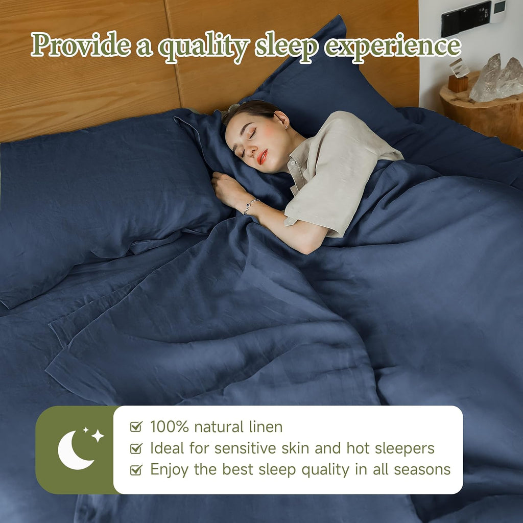 Simple&Opulence 100% Linen Sheets Queen Size Set, 4 Pcs Natural French Linen Bed Sheets, Breathable Soft Durable Bedding Set for All Season (Classic Blue, Queen)