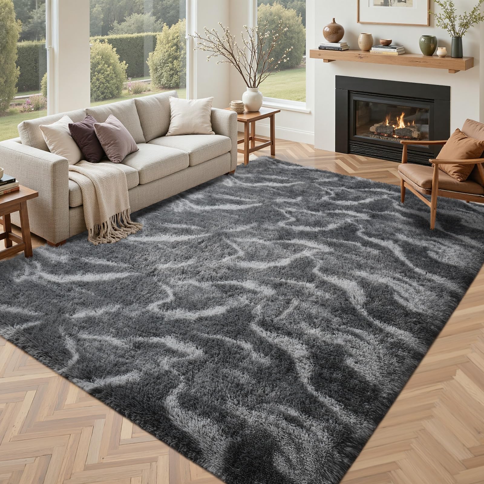 5×7ft Grey Fluffy Tie-Dyed Rug, Soft Shag Carpet for Home Decor
