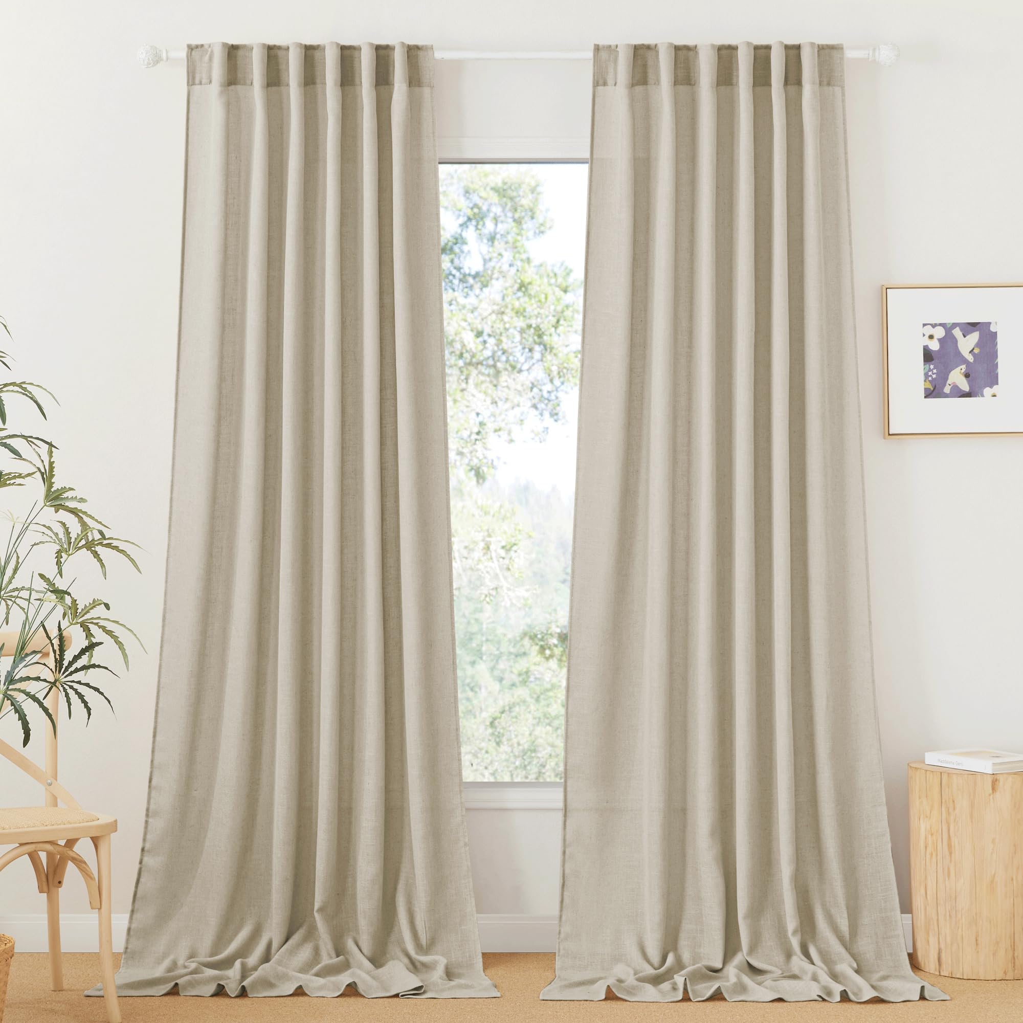 RYB HOME Linen Sheer Curtains and Drapes for Living Room 108 inches Length, Breathable Back Tab/Rod Pocket Semi Sheer Curtains, Oatmeal, W 52 x L 108 inches, 2 Panels Set