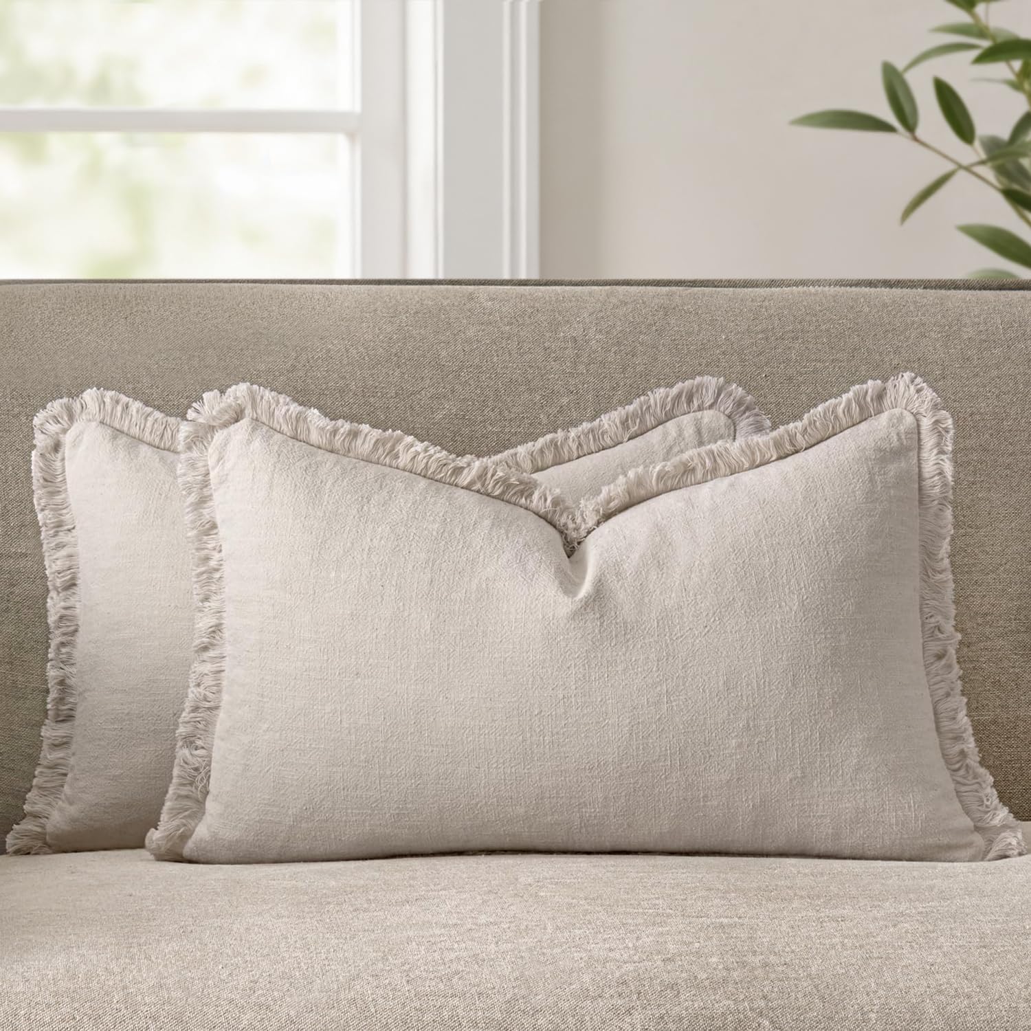 ANRODUO Set of 2 Decorative Throw Pillow Covers 26×26 Inch Soft Linen Fringe Farmhouse Boho Vintage Cushion Covers with Tassels Accent Pillowcase for Couch Sofa Bed Living Room Summer Decor Cream