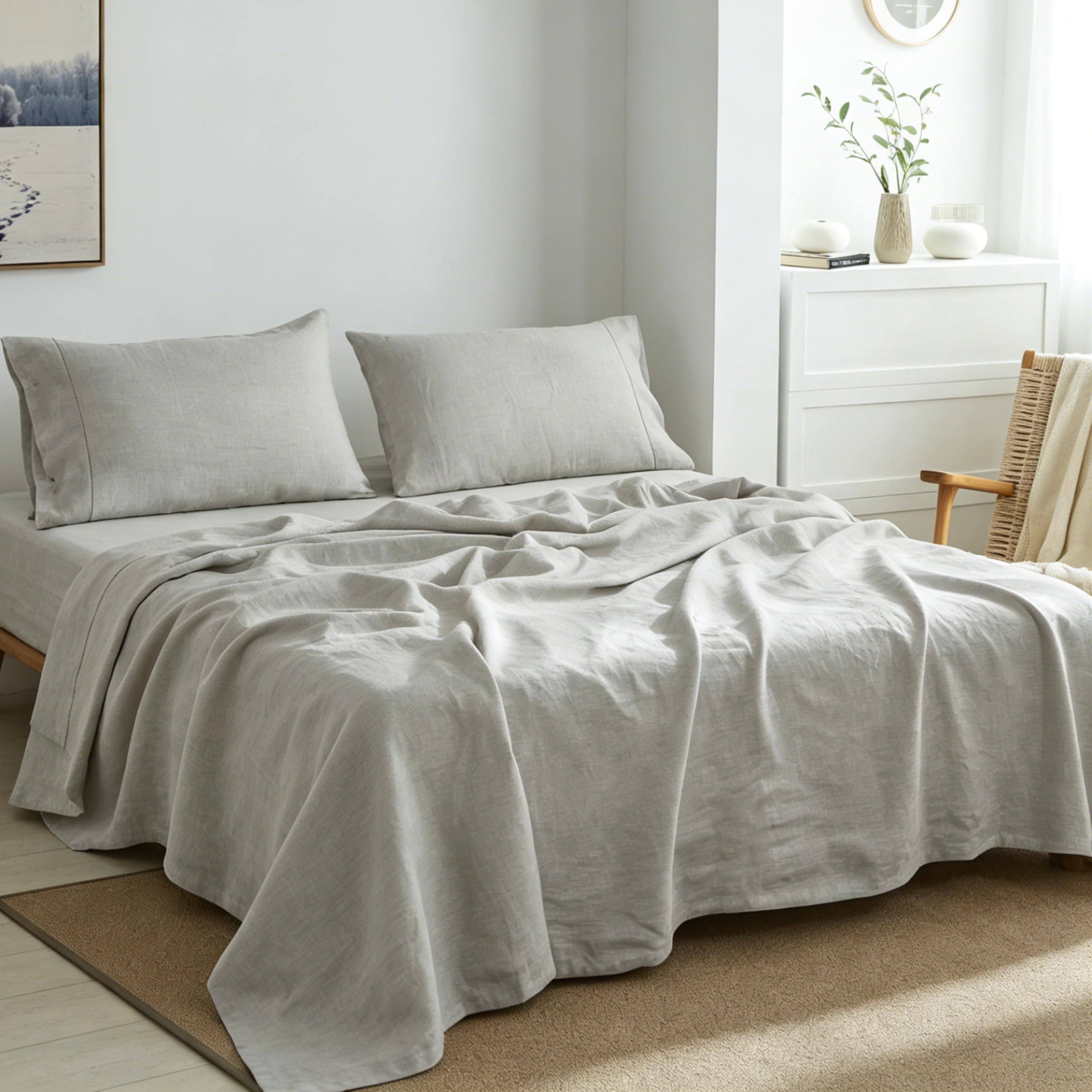 Simple&Opulence 100% Linen Sheets Queen Size Set, 4 Pcs Natural French Linen Bed Sheets, Breathable Soft Durable Bedding Set for All Season (Classic Blue, Queen)