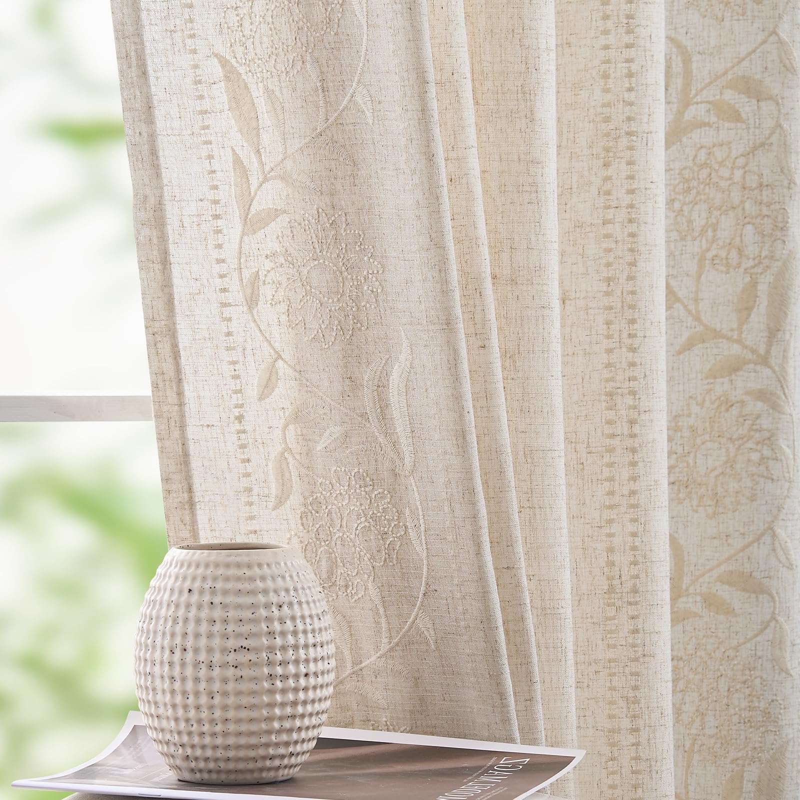 jinchan Winslow Linen Curtains for Bedroom 84 Inches Length Ivory on Taupe Embroidered Bordered Floral Curtains for Living Room Farmhouse Decor Light Filtering Window Treatments 2 Panels