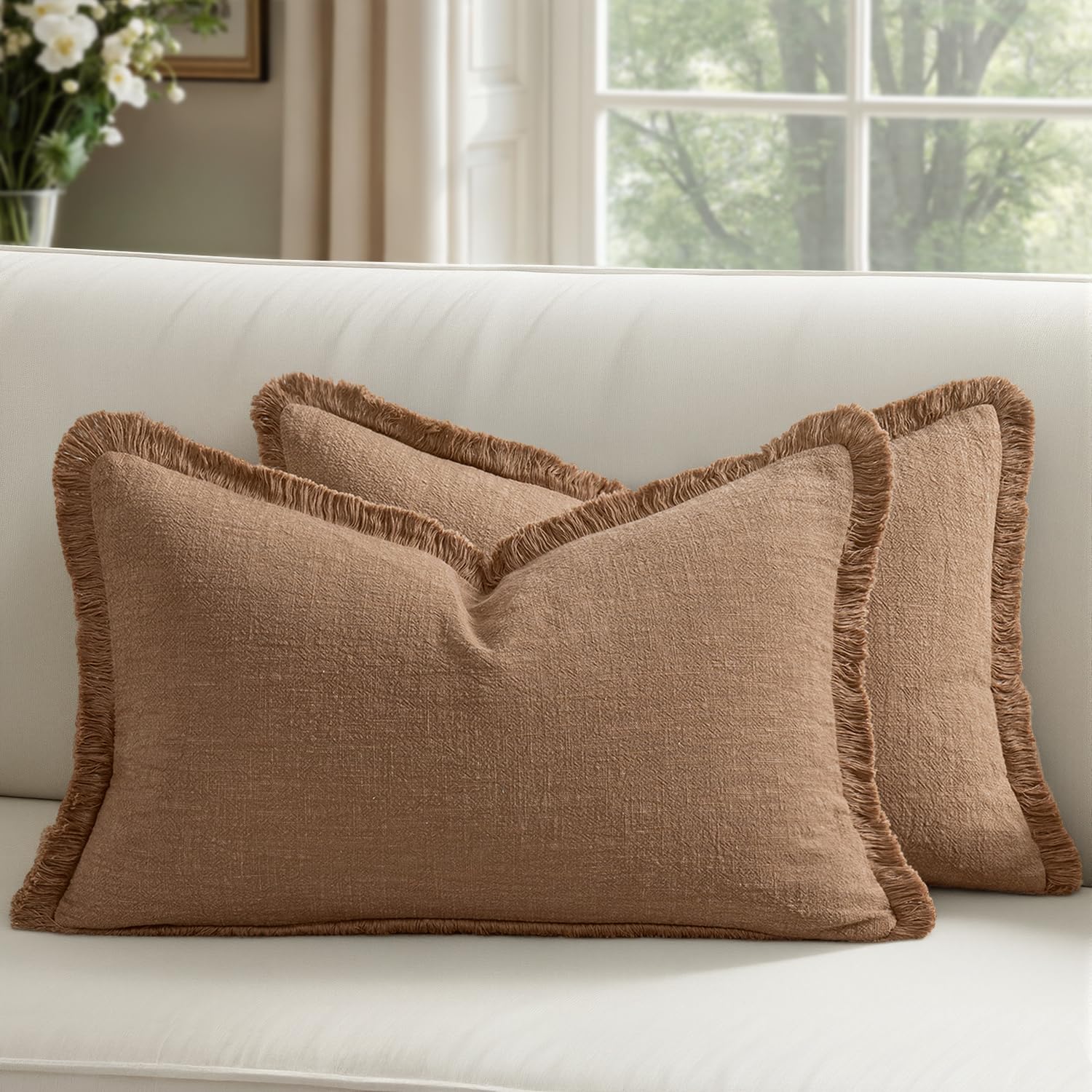 Decorative Linen Fringe Throw Pillow Covers Boho Farmhouse Soft Euro Accent Pillowcases with Tassels for Bed Couch Sofa Living Room Bedroom,24x24 Inch Set of 2,Brown