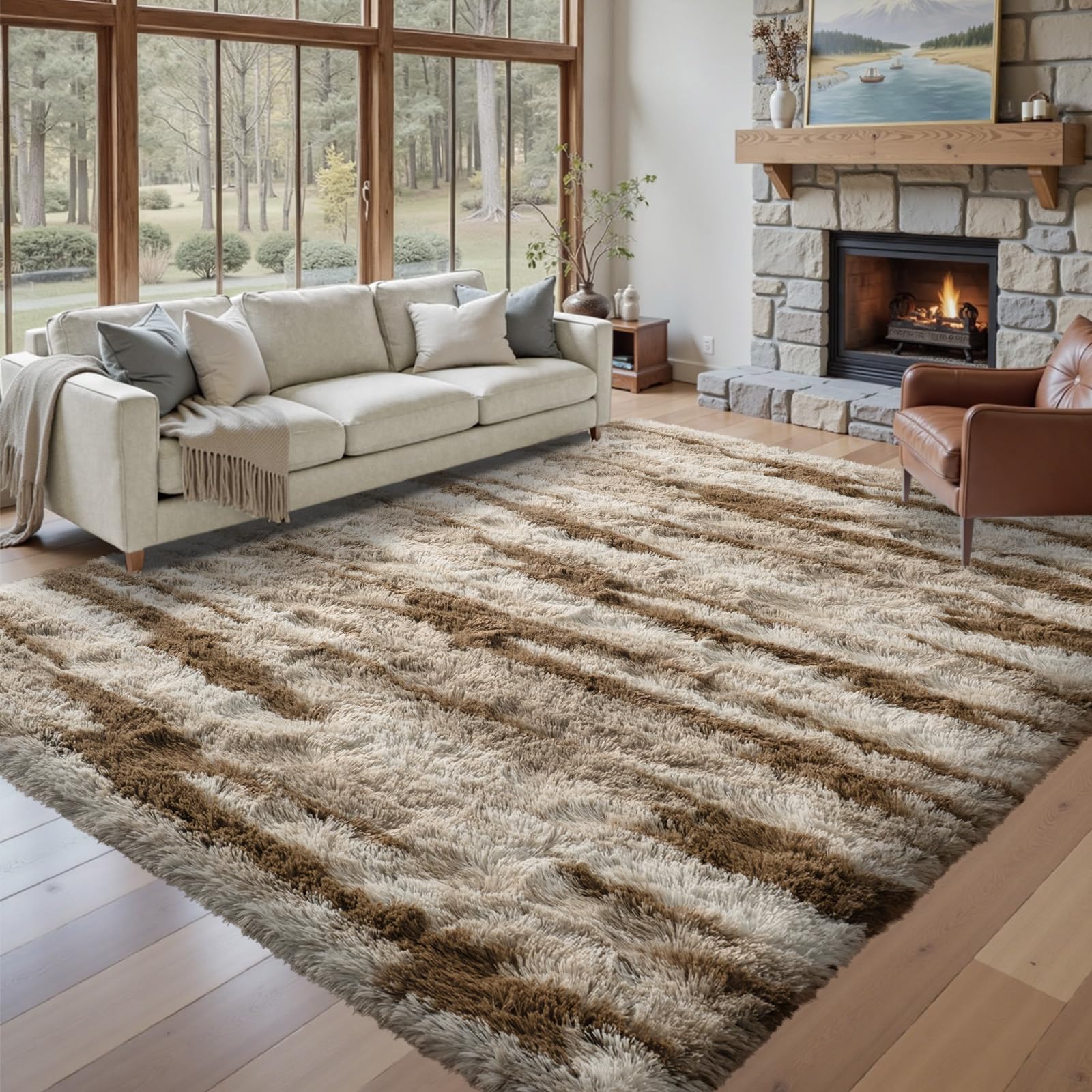 5×7ft Grey Fluffy Tie-Dyed Rug, Soft Shag Carpet for Home Decor