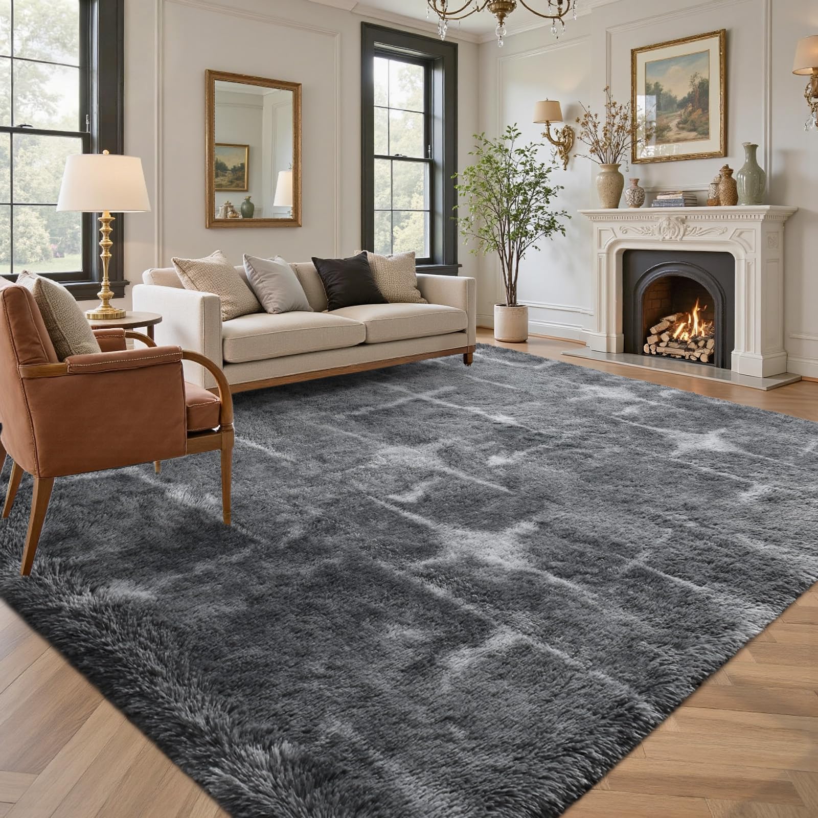 5×7ft Grey Fluffy Tie-Dyed Rug, Soft Shag Carpet for Home Decor