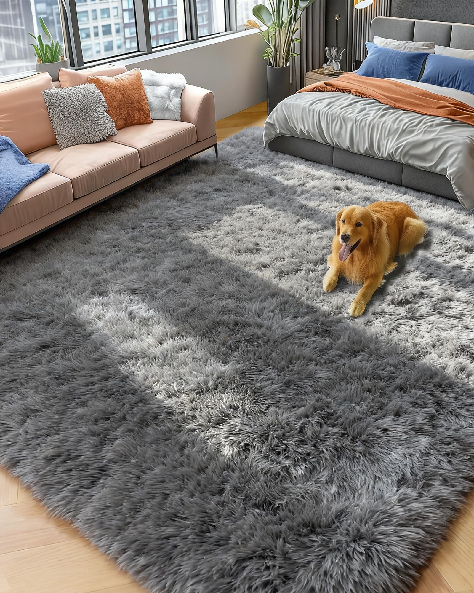 PAGISOFE Abstract Soft Shaggy Rugs for Living Room 5x8 Ft,Tie-Dyed Grey Fluffy Rugs for Kids Room Furry Carpets for Bedroom Room Decor Aesthetic Large Shag Carpet for Boys Girls Dorm Nursery
