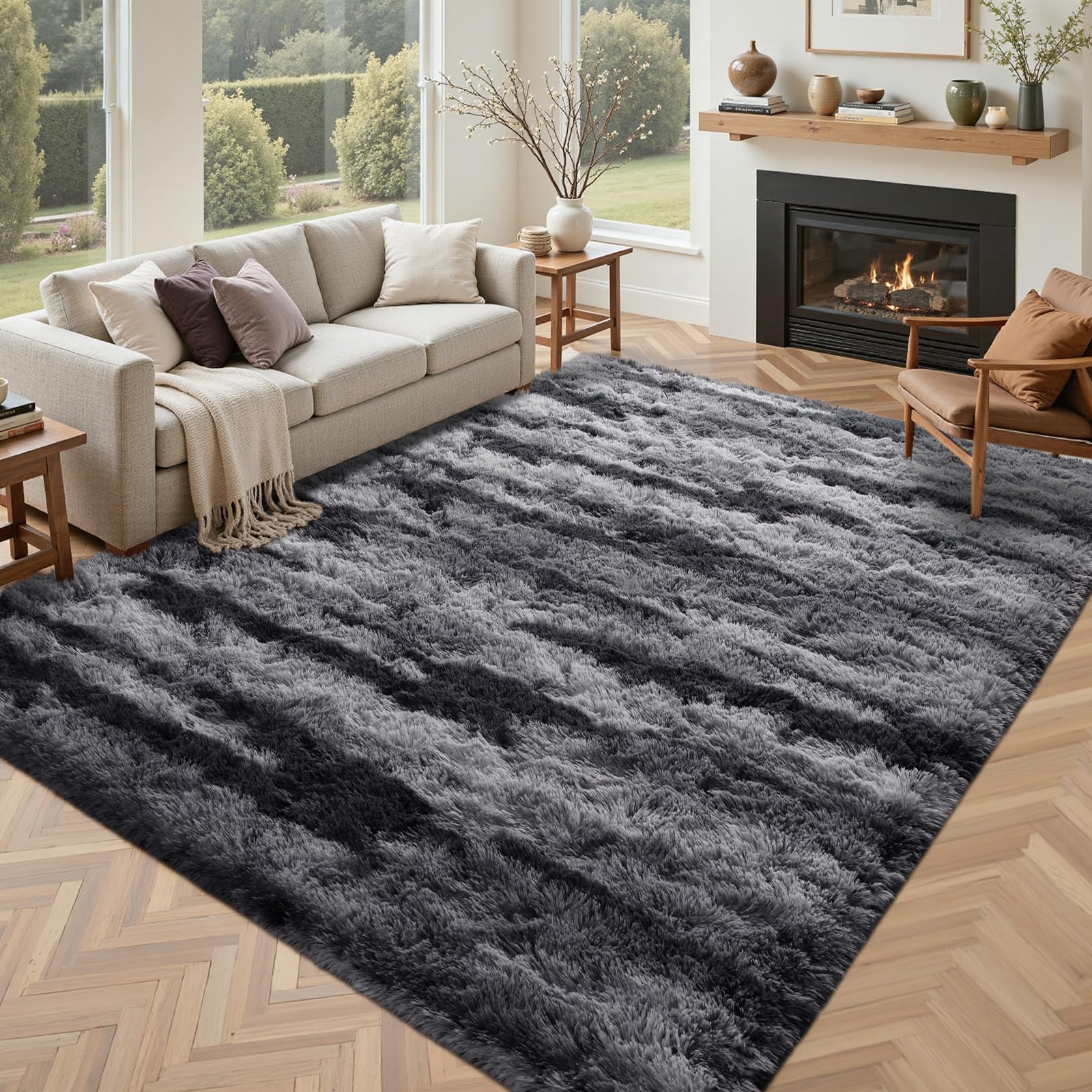 5×7ft Grey Fluffy Tie-Dyed Rug, Soft Shag Carpet for Home Decor