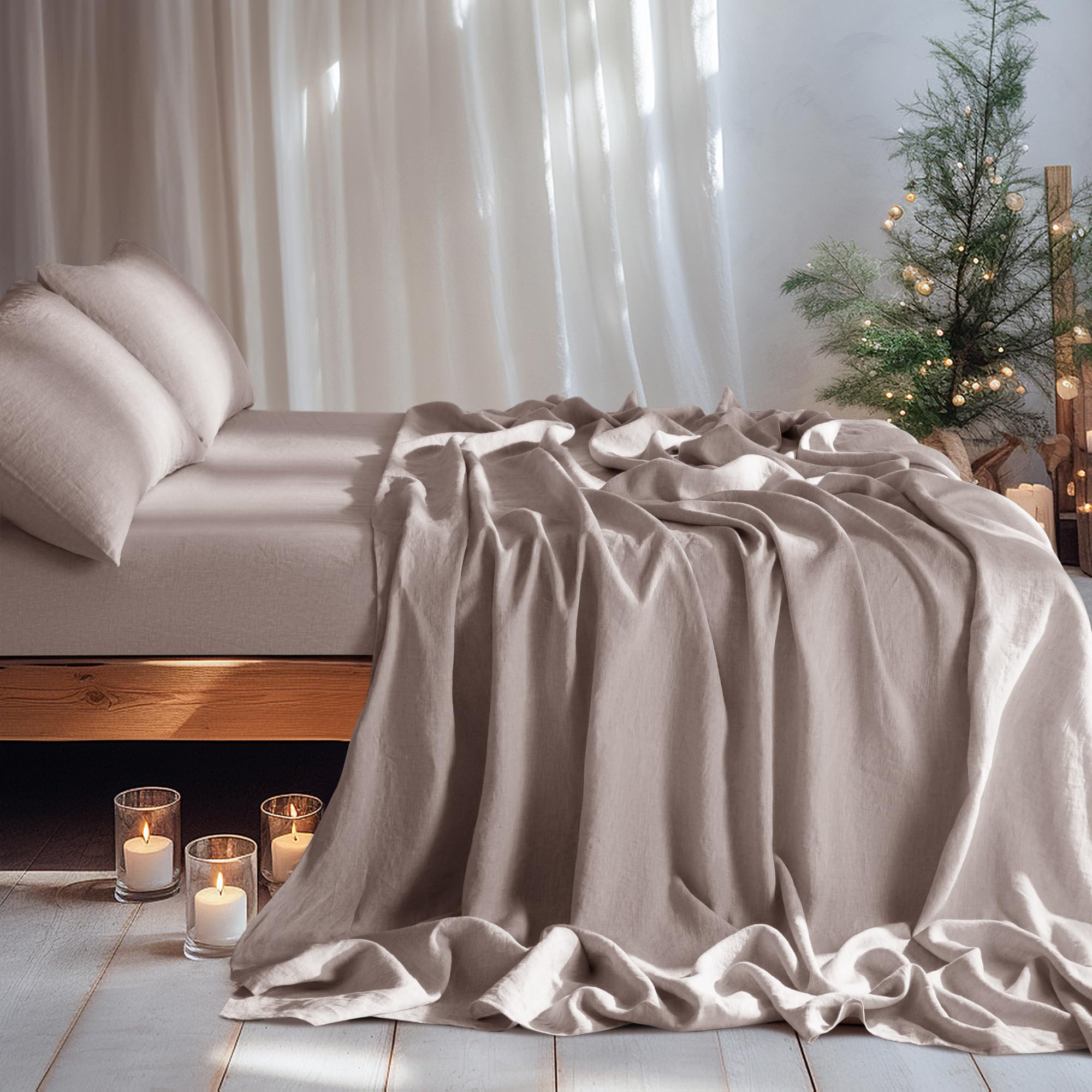 LBRO2M 100% Linen Sheet Set Deep Pocket Fit Up to 19" Bed Sheets Sets, Natural Flax Beddings Soft, Breathable, Comfortable for All Year Round 4 Pcs Sheet Set (Queen, Linen)