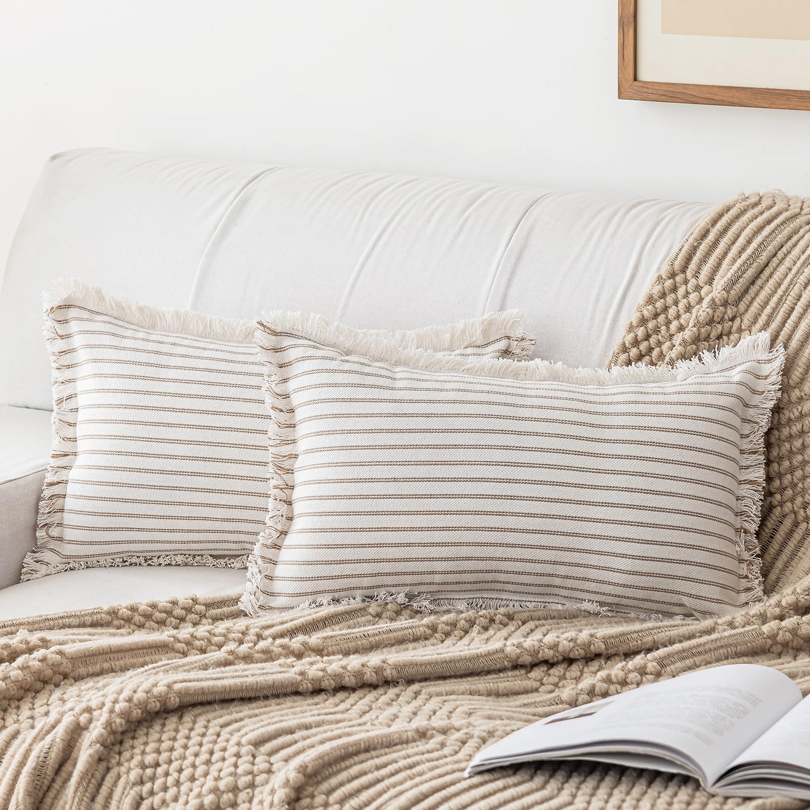 YEENAASY Throw Pillow Covers 22x22 Set of 2 Striped Fringe Pillow Cover Farmhouse Cushion Covers with Tassel Neutral Boho Pillows Decorative Square Pillowcase for Couch Sofa Bed, Blue