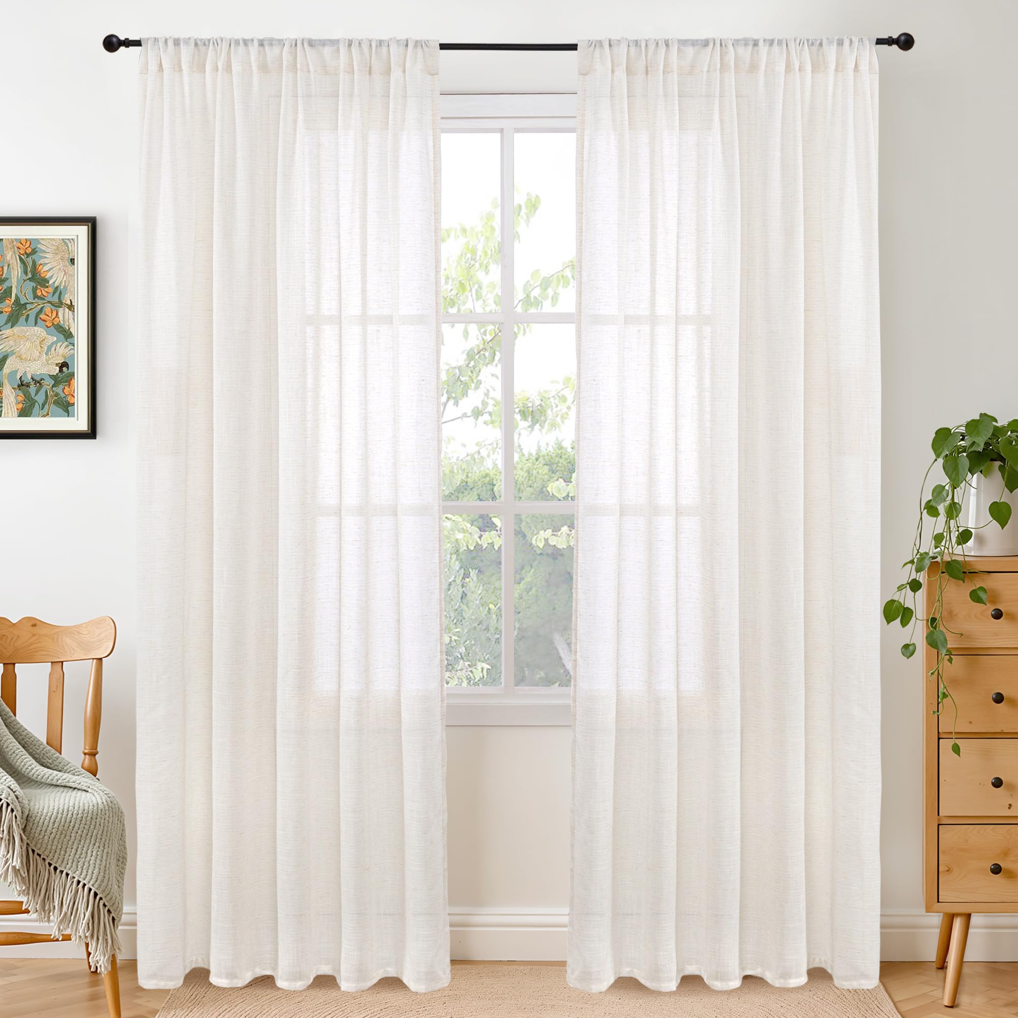 BGment 90 Inches Long Curtains Linen Semi Sheer, Light Filtering Window Treatments Drapes with Rod Pocket Lightweight for Living Room Bedroom, 2 Panels, 52 Inch Wide Each Panel