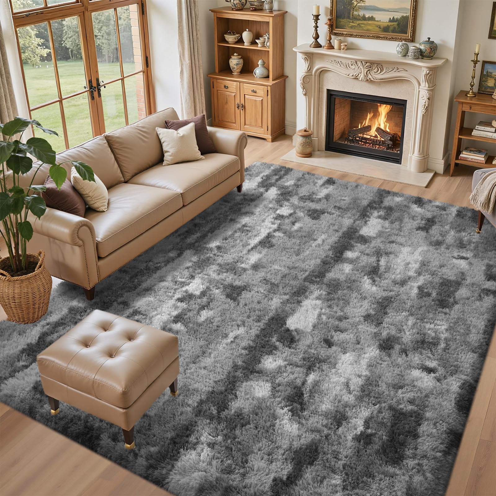 5×7ft Grey Fluffy Tie-Dyed Rug, Soft Shag Carpet for Home Decor