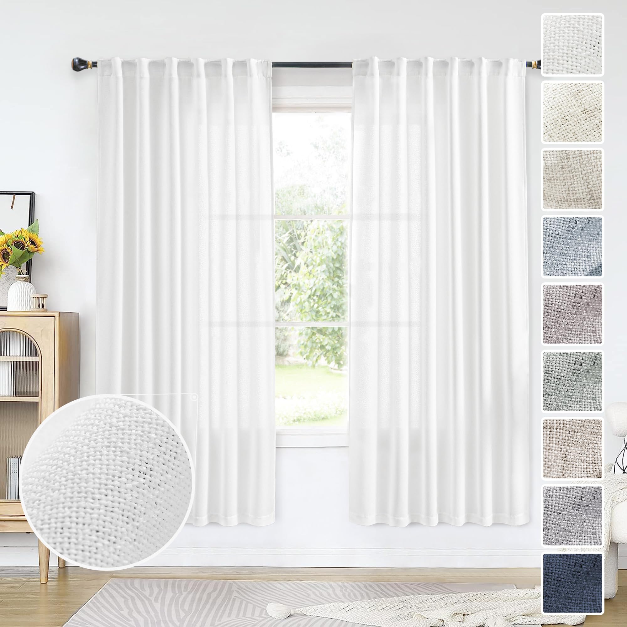 Natural Linen Back Tab Curtains 92 inch Long 2 Panels Set for Living Room Semi Sheer Light Filtering Window Drape Neutral Country Farmhouse Boho Curtains for Bedroom Cream Beige