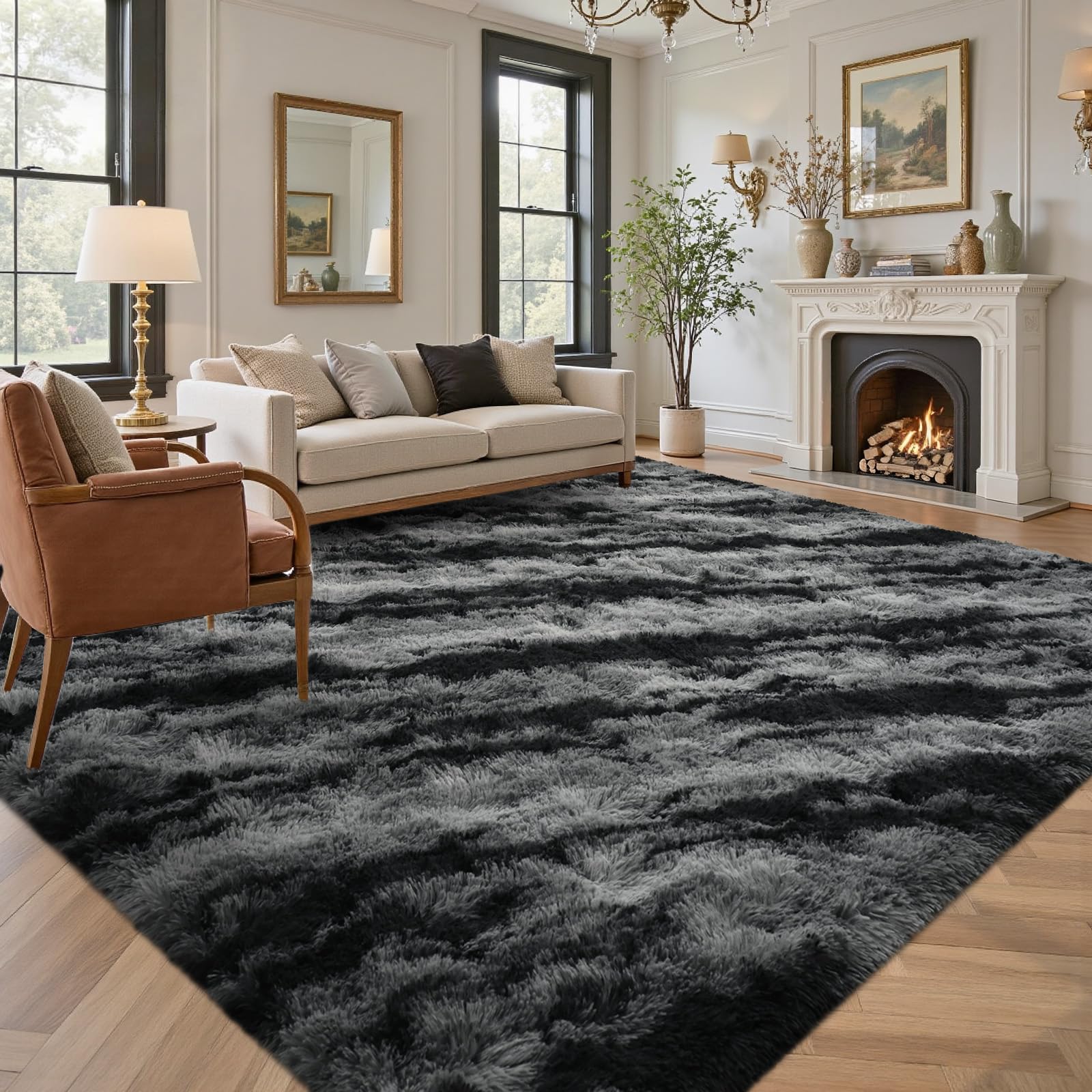 5×7ft Grey Fluffy Tie-Dyed Rug, Soft Shag Carpet for Home Decor