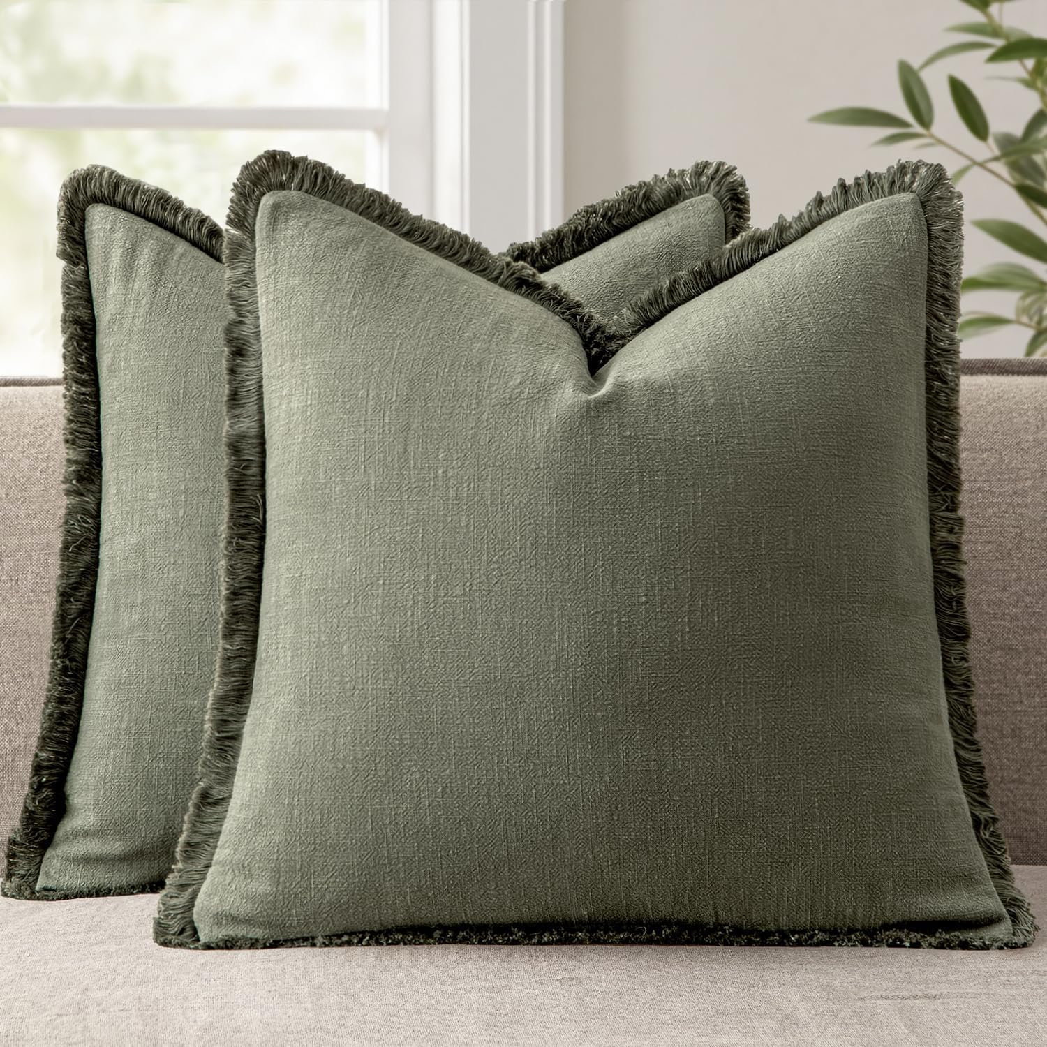 ANRODUO Set of 2 Decorative Throw Pillow Covers 26×26 Inch Soft Linen Fringe Farmhouse Boho Vintage Cushion Covers with Tassels Accent Pillowcase for Couch Sofa Bed Living Room Summer Decor Cream