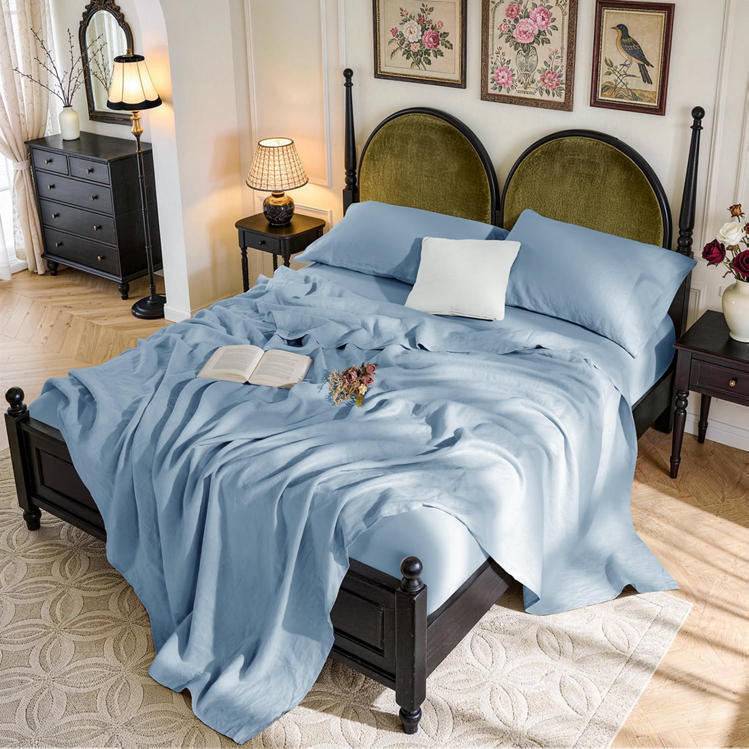 SONORO KATE 100% French Pure Linen Sheets, Breathable and Durable Linen King Size Sheets, Anti-Tear Linen Bed Sheets, Machine Washable, 16 Inch Deep Pocket - 4 Piece (Natural Linen, King)