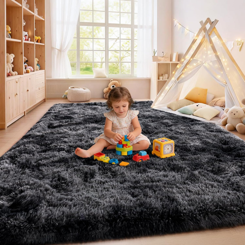 Shaggy Area Rugs, Fuzzy Rugs for Living Room, Soft Nursery Area Rug for Girls, Tie Dye Black Gray Plush Area Rugs Non Slip, Fluffy Rug Carpet 8x10ft