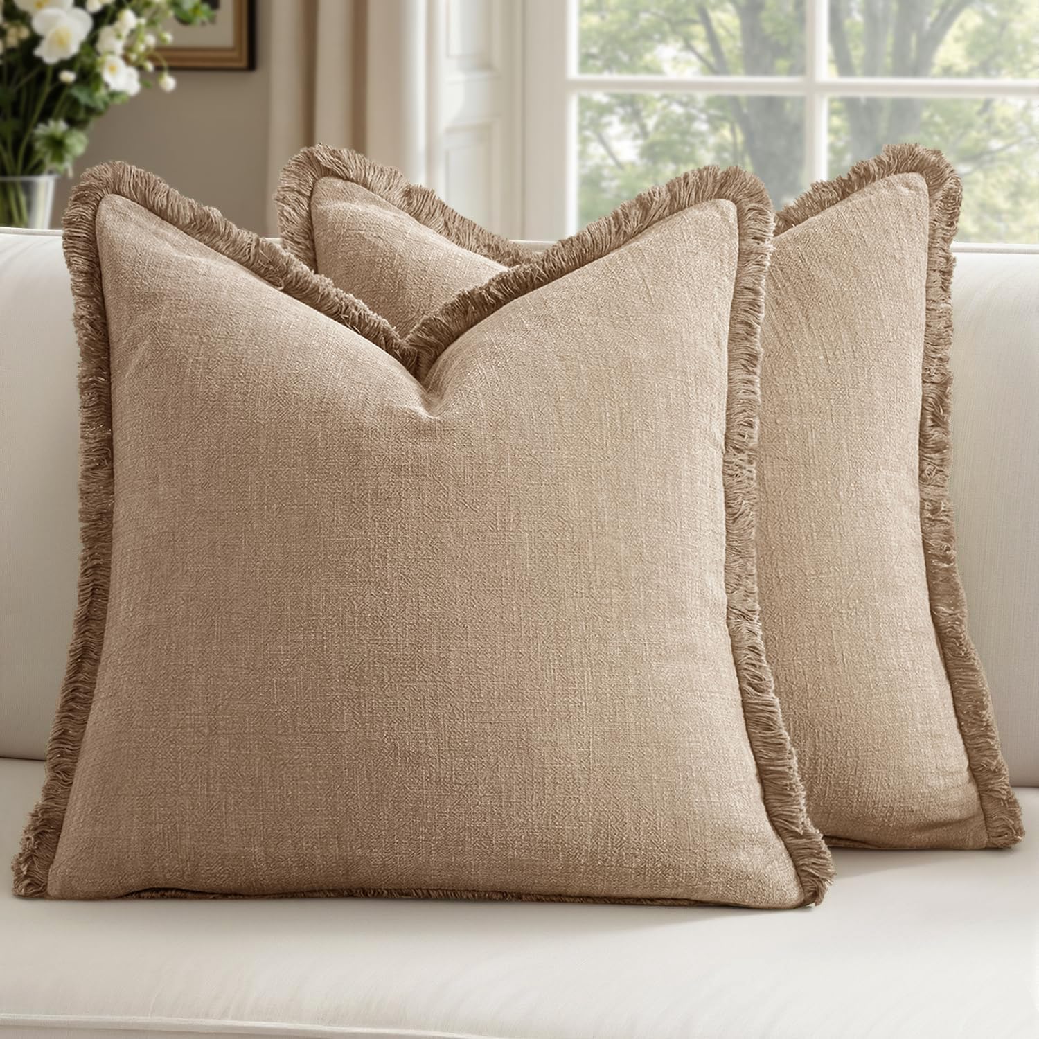 Decorative Linen Fringe Throw Pillow Covers Boho Farmhouse Soft Euro Accent Pillowcases with Tassels for Bed Couch Sofa Living Room Bedroom,24x24 Inch Set of 2,Brown
