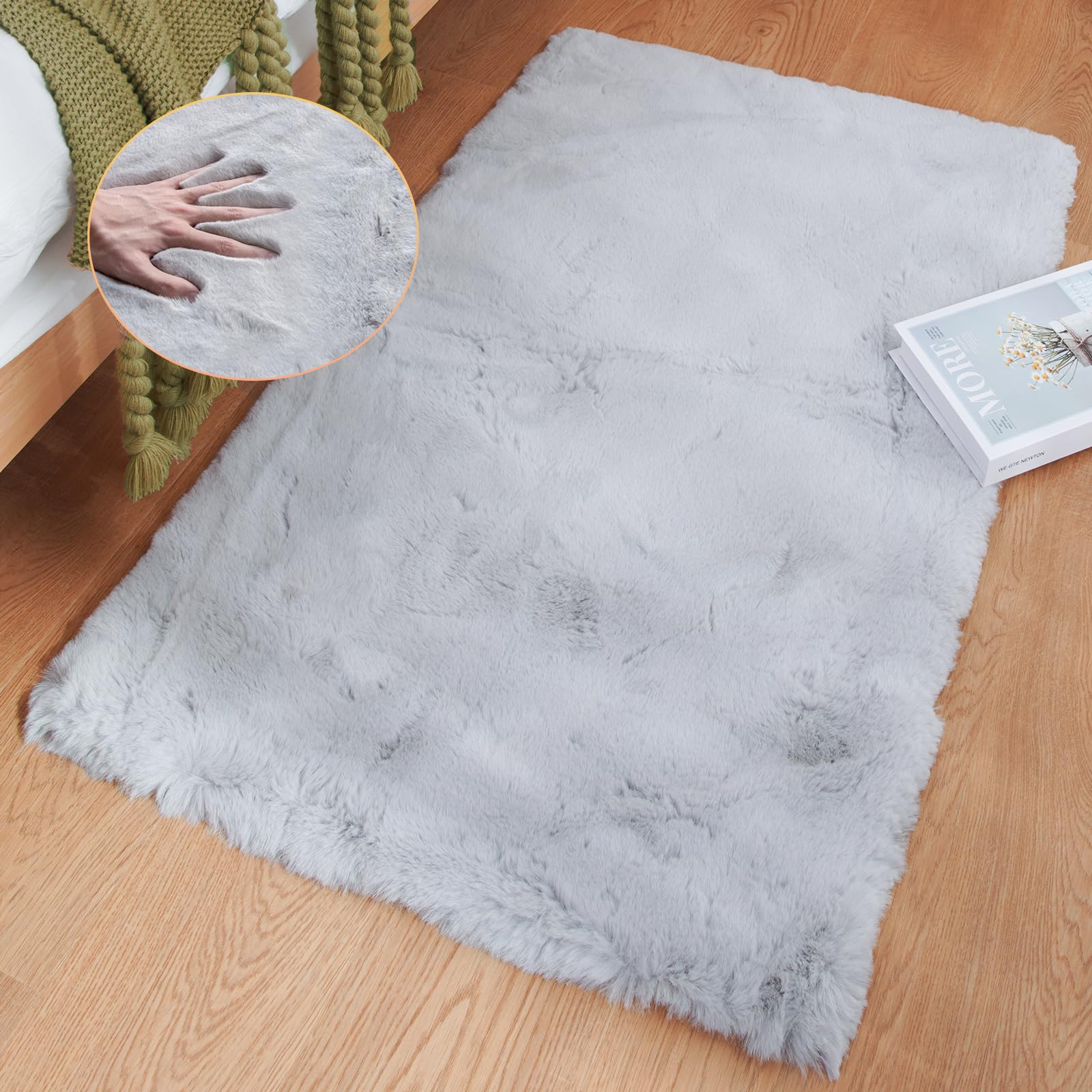 ORINOVA White Faux Rabbit Fluffy Fur Rugs for Bedroom Machine Washable Furry Area Rugs for Living Room Smal 2x4 Shag Runner Rug Nursery Rug
