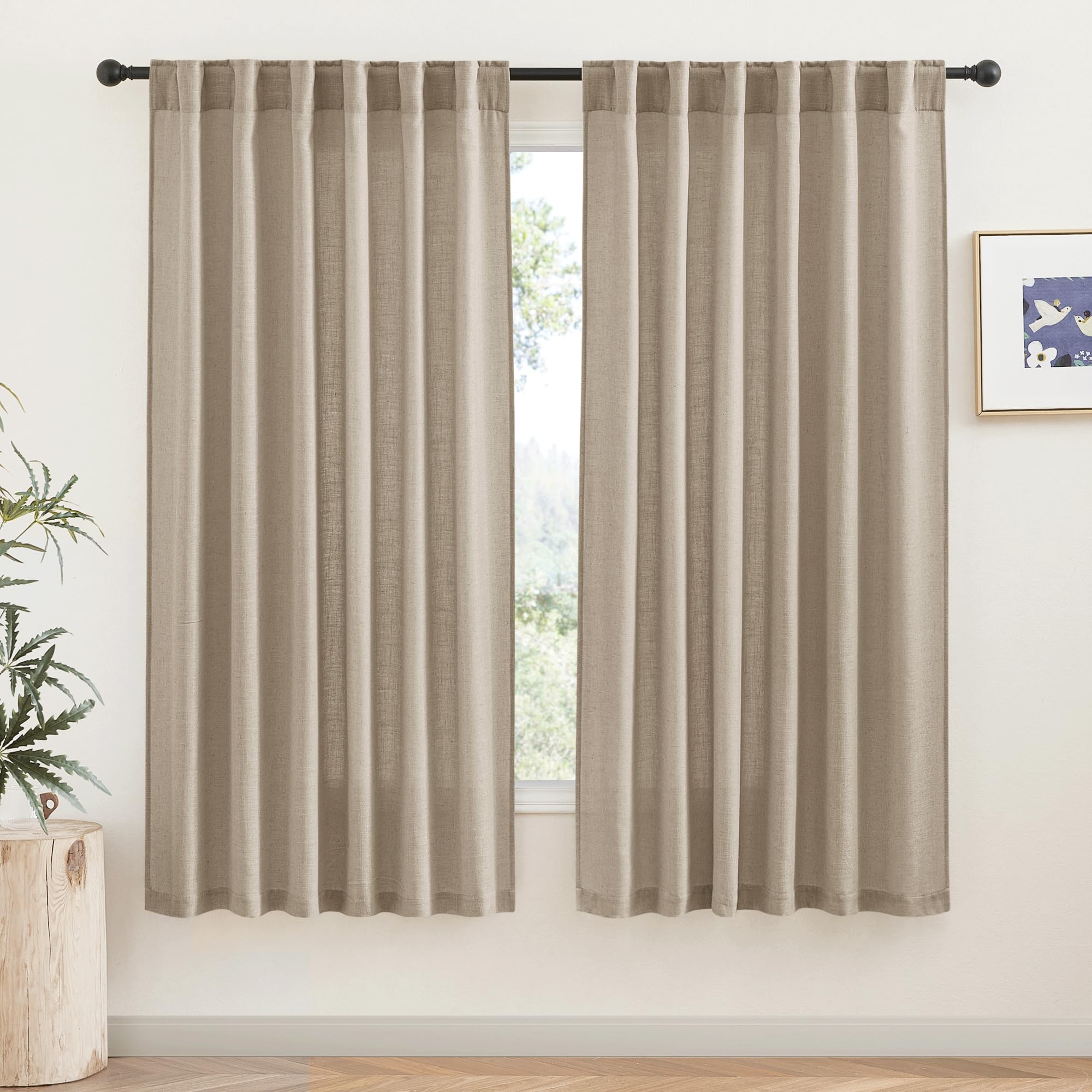 RYB HOME Linen Sheer Curtains and Drapes for Living Room 108 inches Length, Breathable Back Tab/Rod Pocket Semi Sheer Curtains, Oatmeal, W 52 x L 108 inches, 2 Panels Set