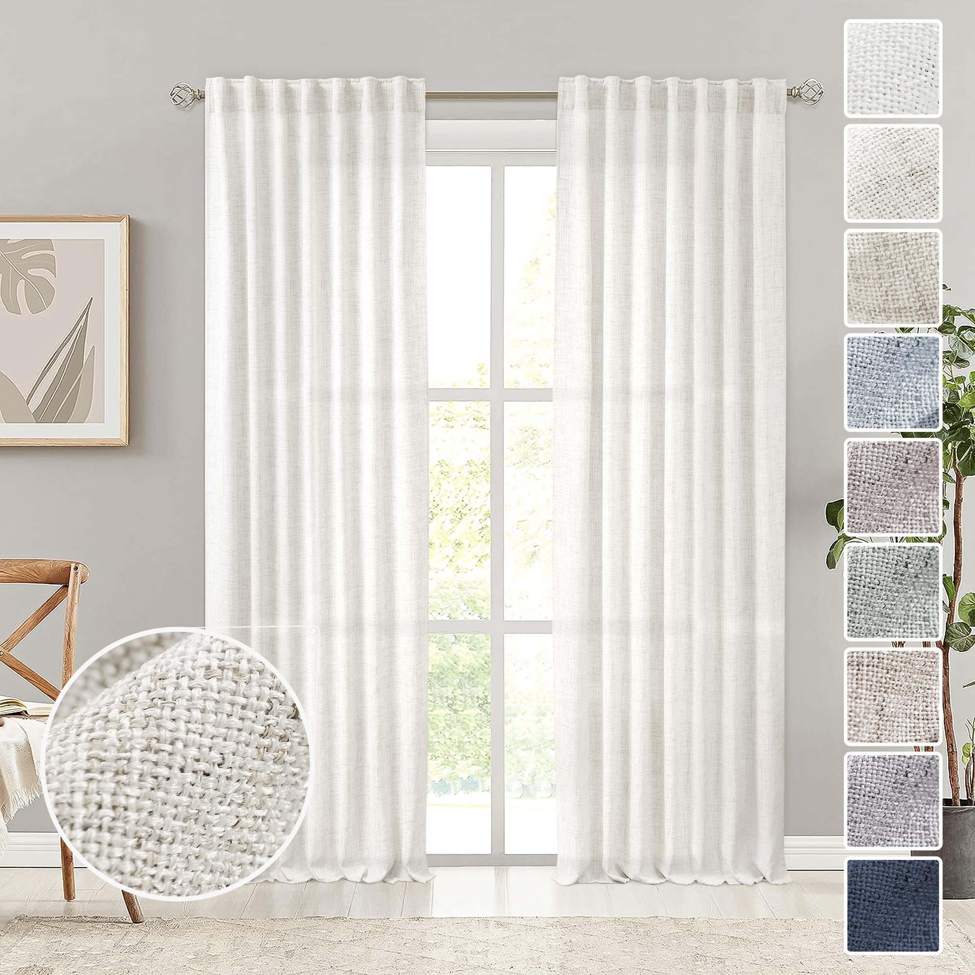 Natural Linen Back Tab Curtains 92 inch Long 2 Panels Set for Living Room Semi Sheer Light Filtering Window Drape Neutral Country Farmhouse Boho Curtains for Bedroom Cream Beige