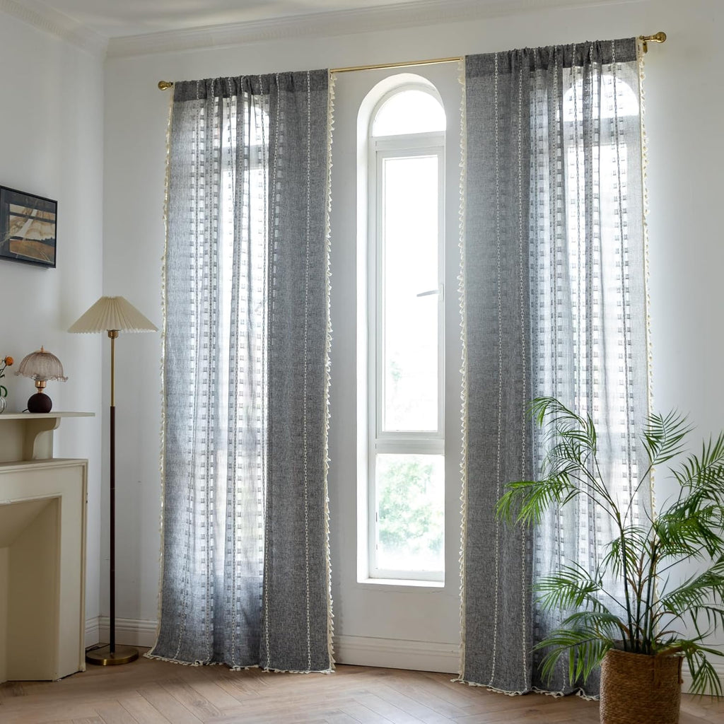 Dark Grey Boho Curtains for Living Room 84 inch Long 2 Panels, Chic Embroidered Semi Sheer Linen Farmhouse Light Filtering Drapes For Bedroom Privacy Striped Tassel Bohemian Window Decor,W52xL84