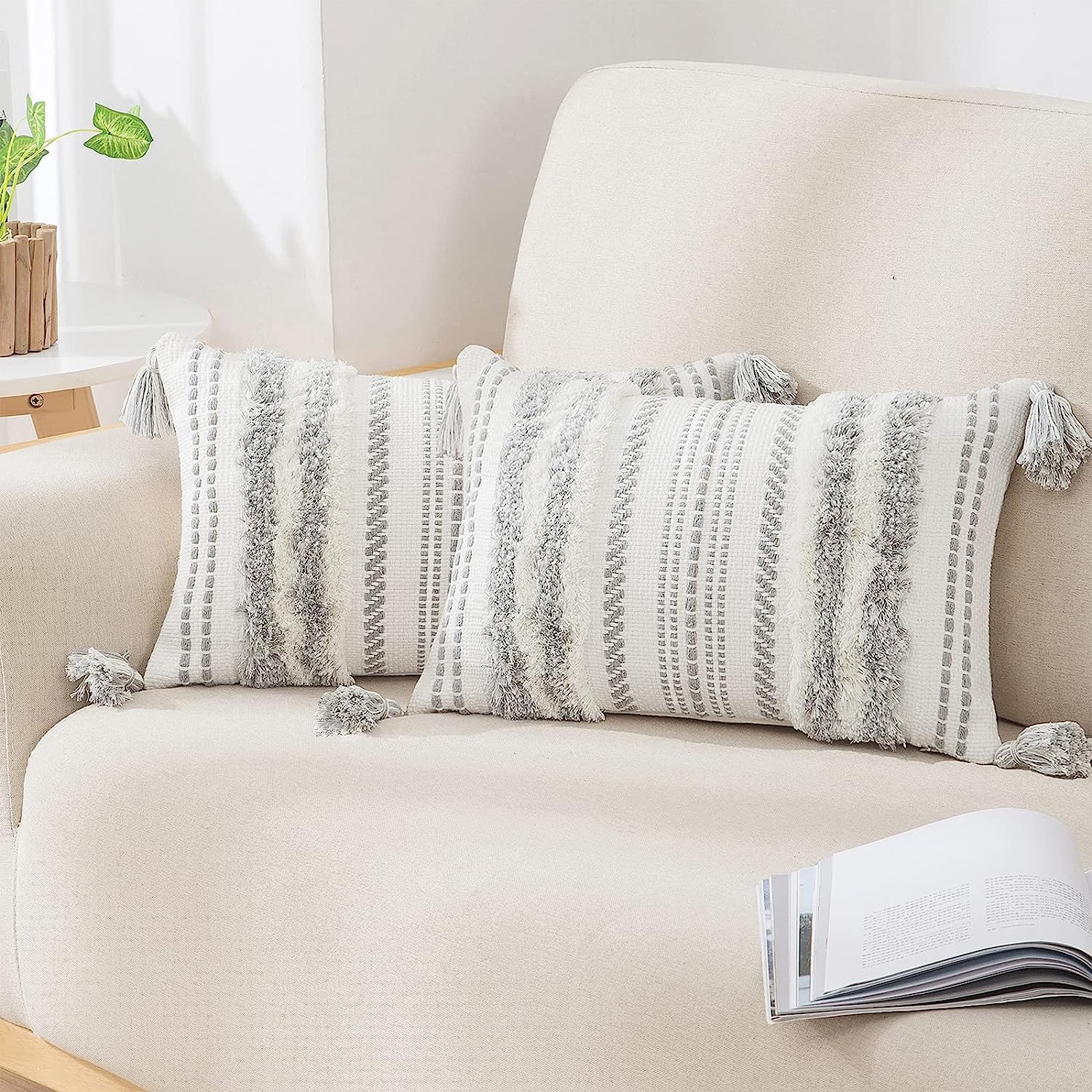 decorUhome Summer Decorative Boho Throw Pillow Covers 18x18 Set of 2, Accent Neutral Textured Tufted Pillow Covers Striped for Couch Bed Sofa Living Room, Khaki and Cream White