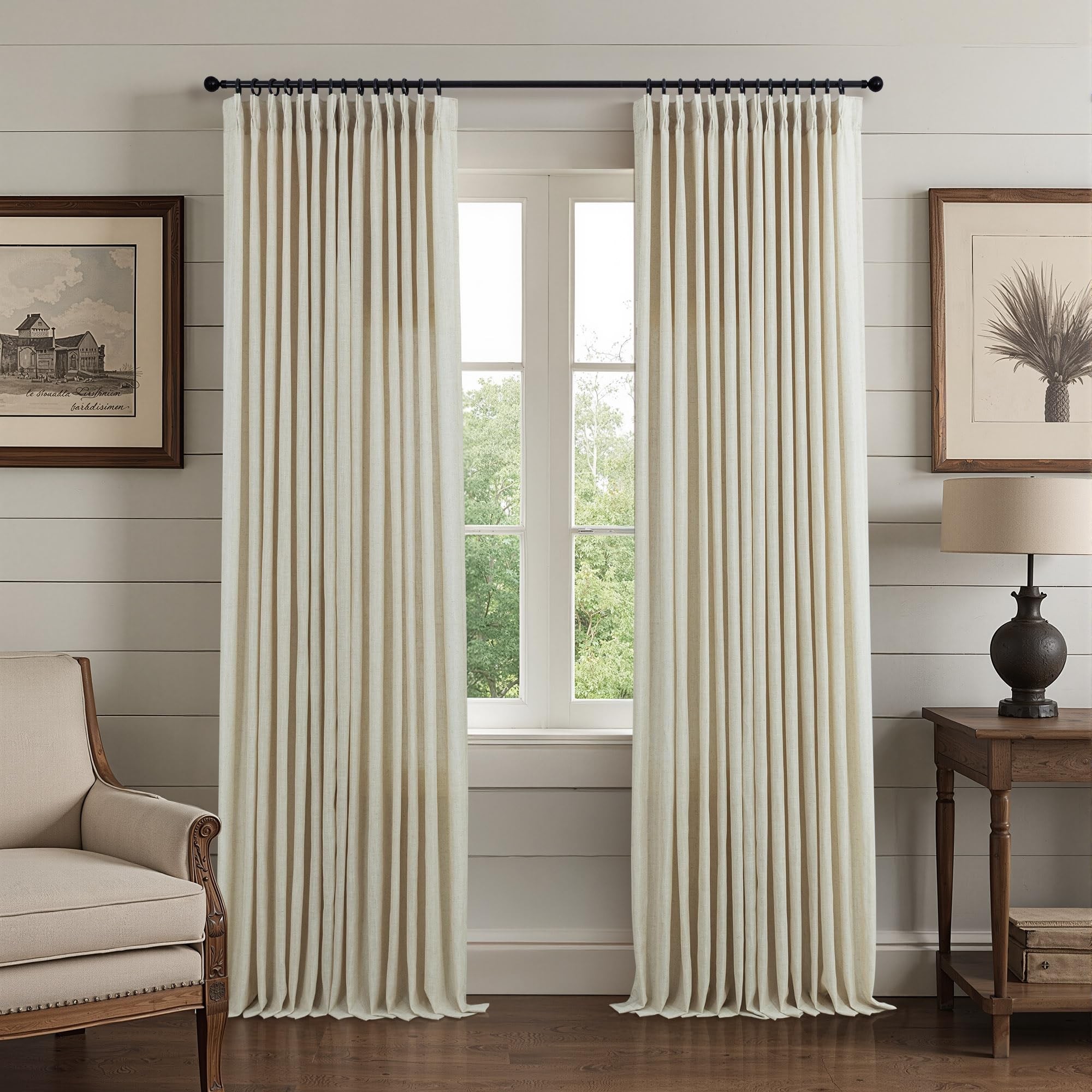 Natural Pinch Pleated Linen Cream Curtains 84 Inch Length 2 Panels for Living Room Bedroom Ivory Semi Sheer Light Filtering Modern Farmhouse Boho Neutral Rustic Long Drapes Back Tab Pleat Hooks Rings