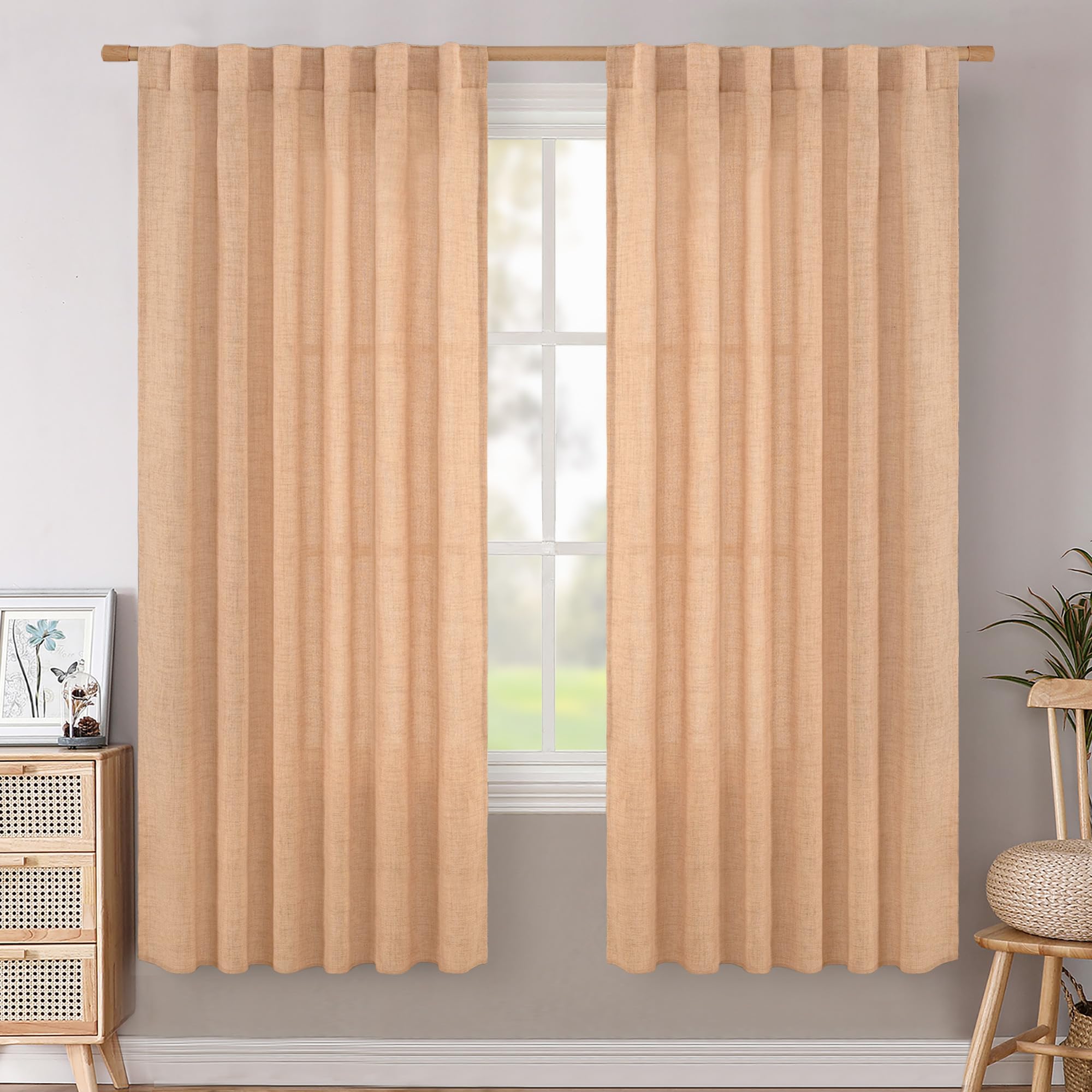 BGment Natural Linen Semi Sheer Curtains 96 Inch Length 2 Panels for Living Room, Beige Light Filtering Window Drapes with Rod Pocket Back Tab Extre Long for Dining Bedroom, 52 X 96 Inch