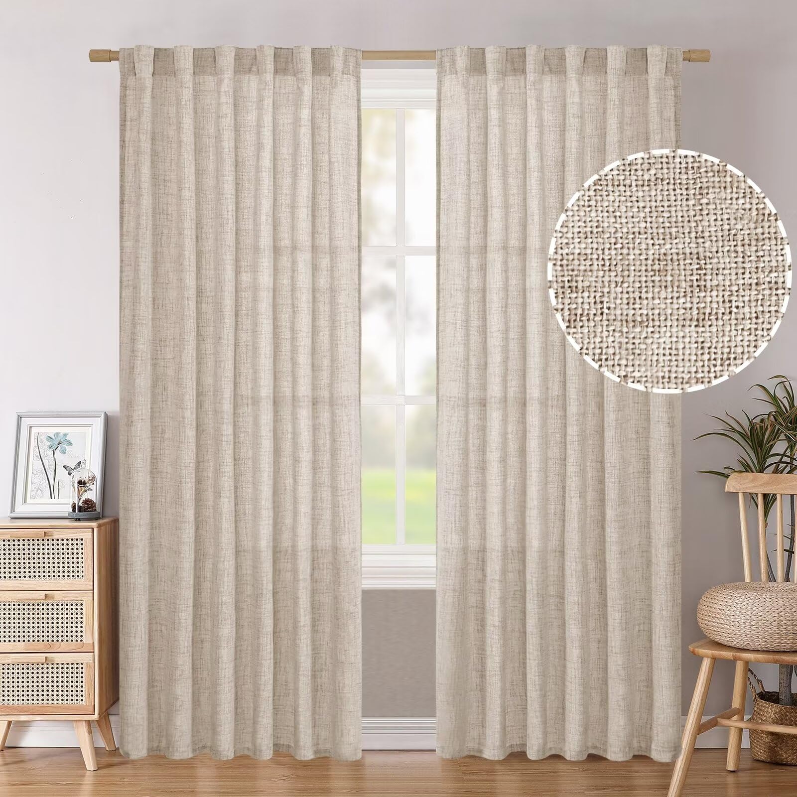 BGment Natural Linen Semi Sheer Curtains 96 Inch Length 2 Panels for Living Room, Beige Light Filtering Window Drapes with Rod Pocket Back Tab Extre Long for Dining Bedroom, 52 X 96 Inch