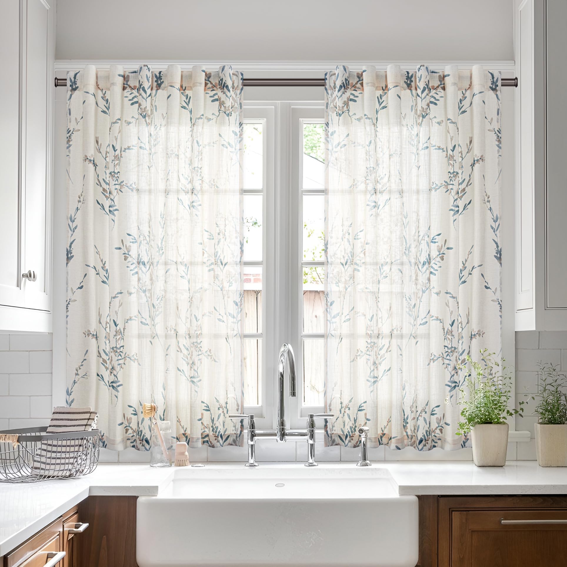 MYSKY HOME Ceiling Curtains for Living Room, Farmhouse Style Lines Printed Curtains 95 Inches Long Semi Sheer Drapes for Living Room, Modern Style Room Divider Curtains, 50"x95", Khaki, 2 PCs