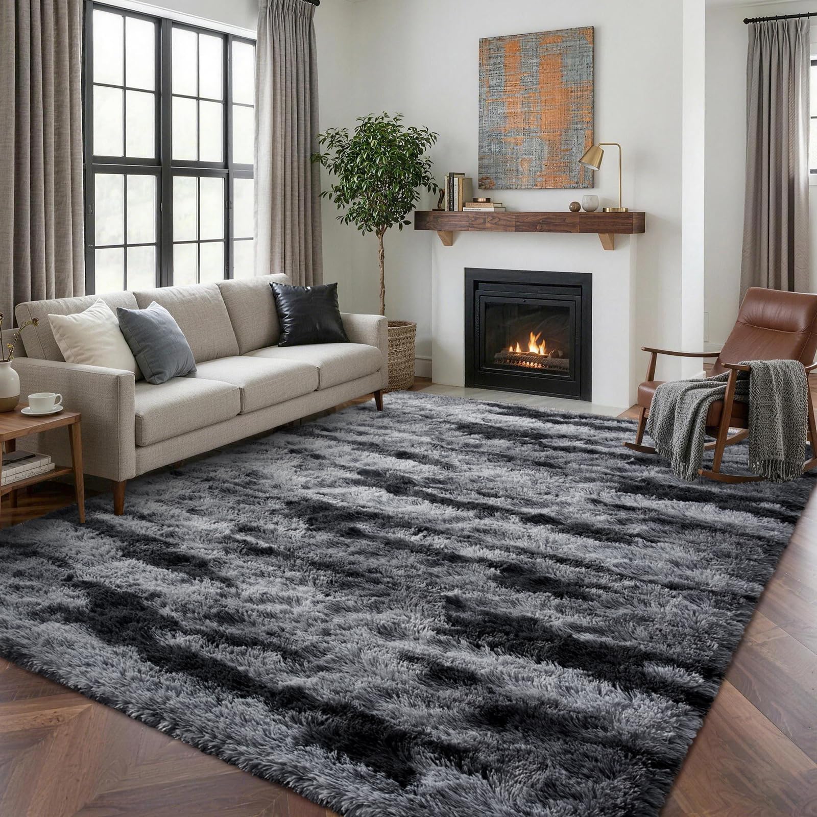 5×7ft Grey Fluffy Tie-Dyed Rug, Soft Shag Carpet for Home Decor