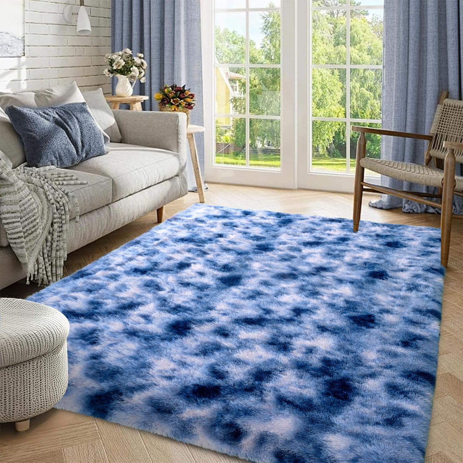 5×7ft Grey Fluffy Tie-Dyed Rug, Soft Shag Carpet for Home Decor