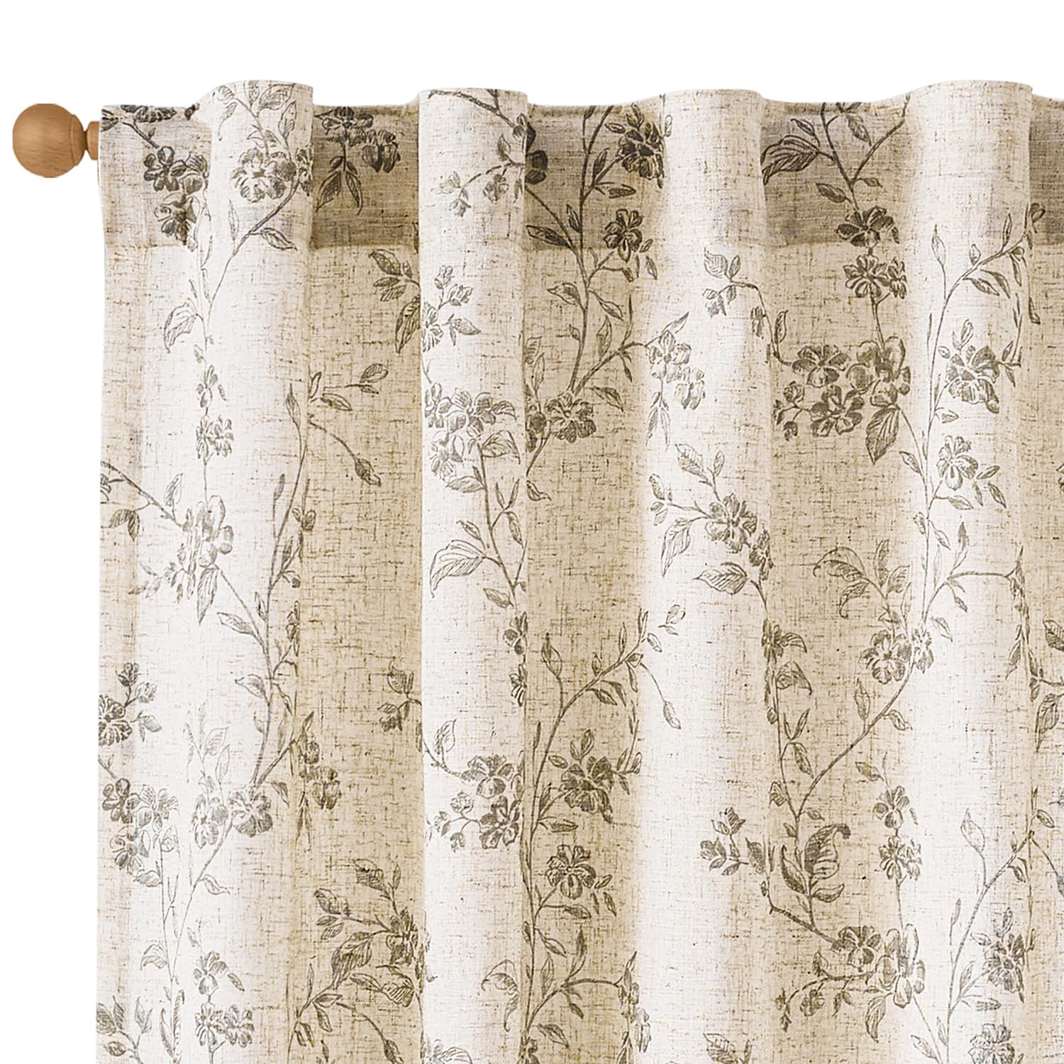 Lazzzy Linen Farmhouse Curtains Green Floral Curtains 63 Inch Length Back Tab Drapes for Living Room Bedroom Light Filtering Country Vintage Rod Pocket Curtain, 2 Panels, Green on Beige