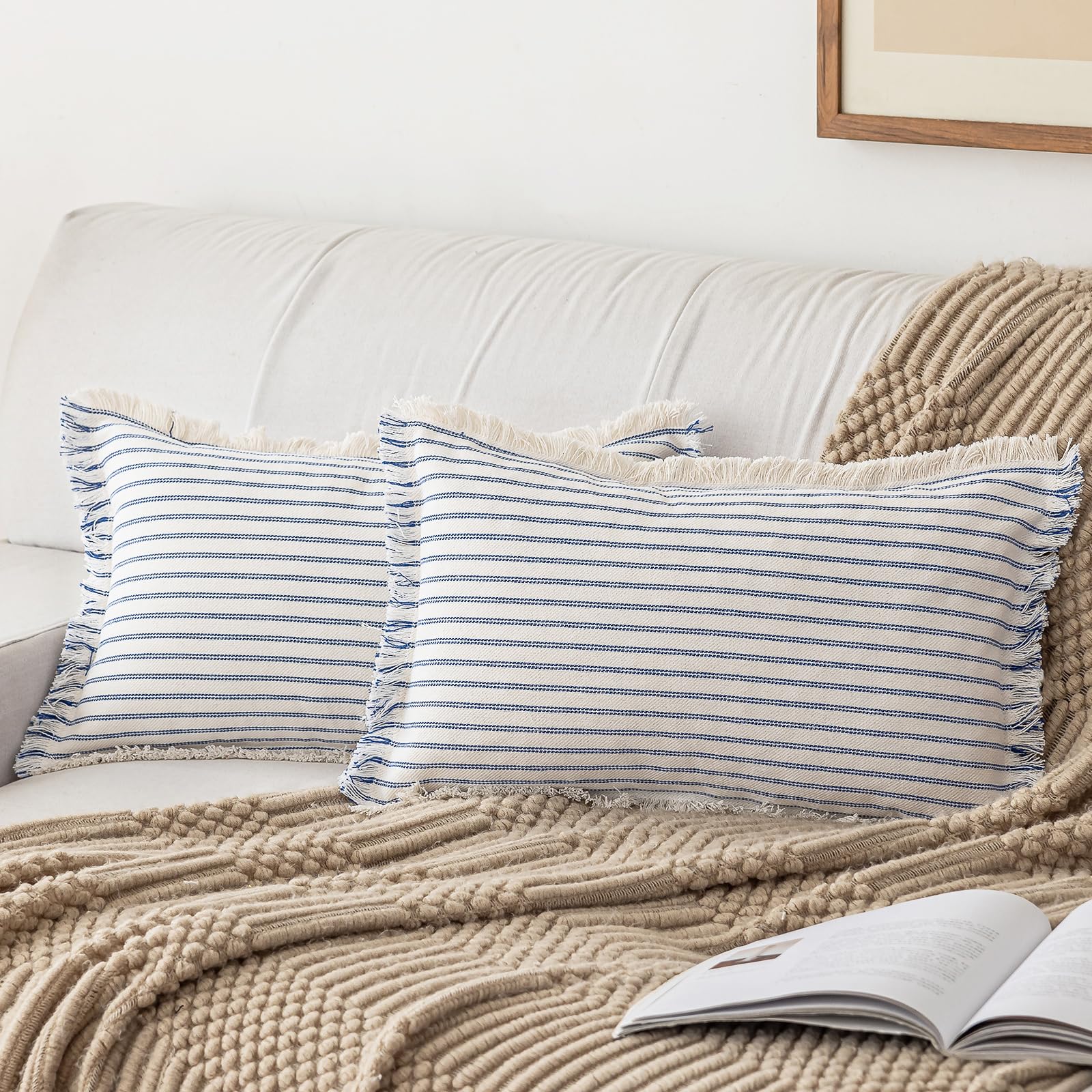 YEENAASY Throw Pillow Covers 22x22 Set of 2 Striped Fringe Pillow Cover Farmhouse Cushion Covers with Tassel Neutral Boho Pillows Decorative Square Pillowcase for Couch Sofa Bed, Blue