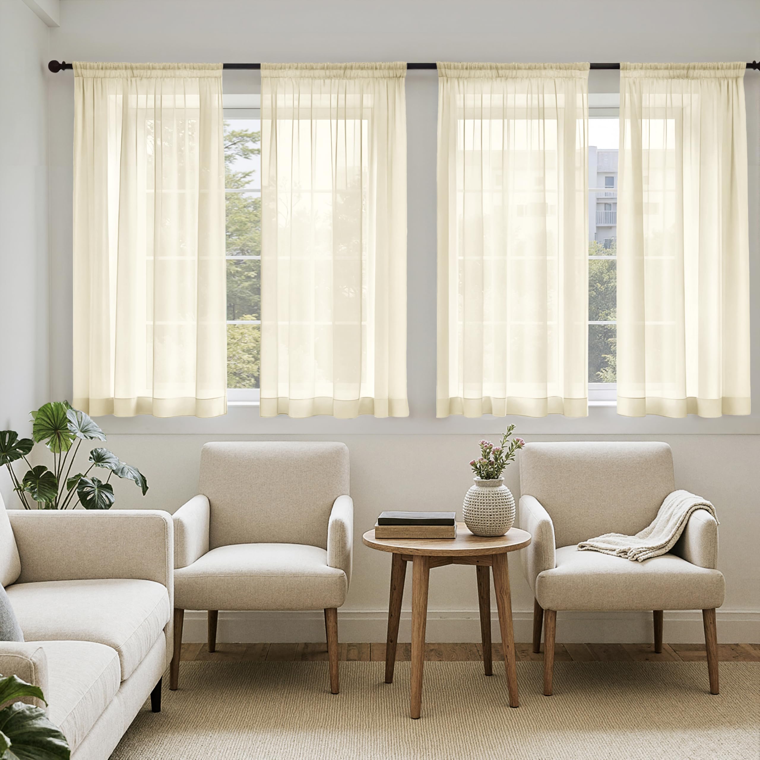 MIULEE Butter Cream Sheer Curtains 96 Inches Long, 4 Panels Set, Rod Pocket Voile Drapes Light Filtering and Semi Transparent, Elegant Window Treatments for Bedroom Living Room,42 x 96 Inches